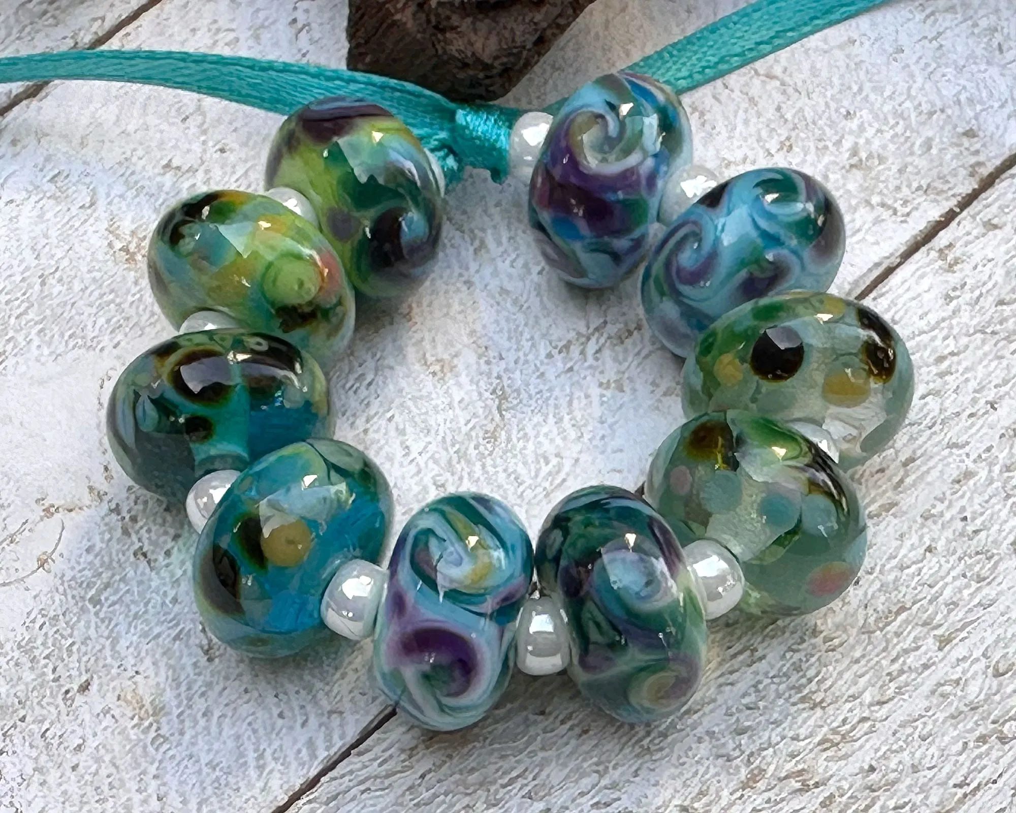10 Green Blue Mosaics Lampwork Beads Set SRA