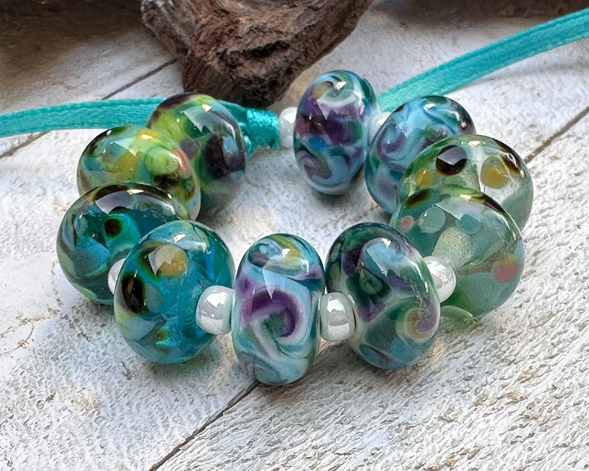 10 Green Blue Mosaics Lampwork Beads Set SRA
