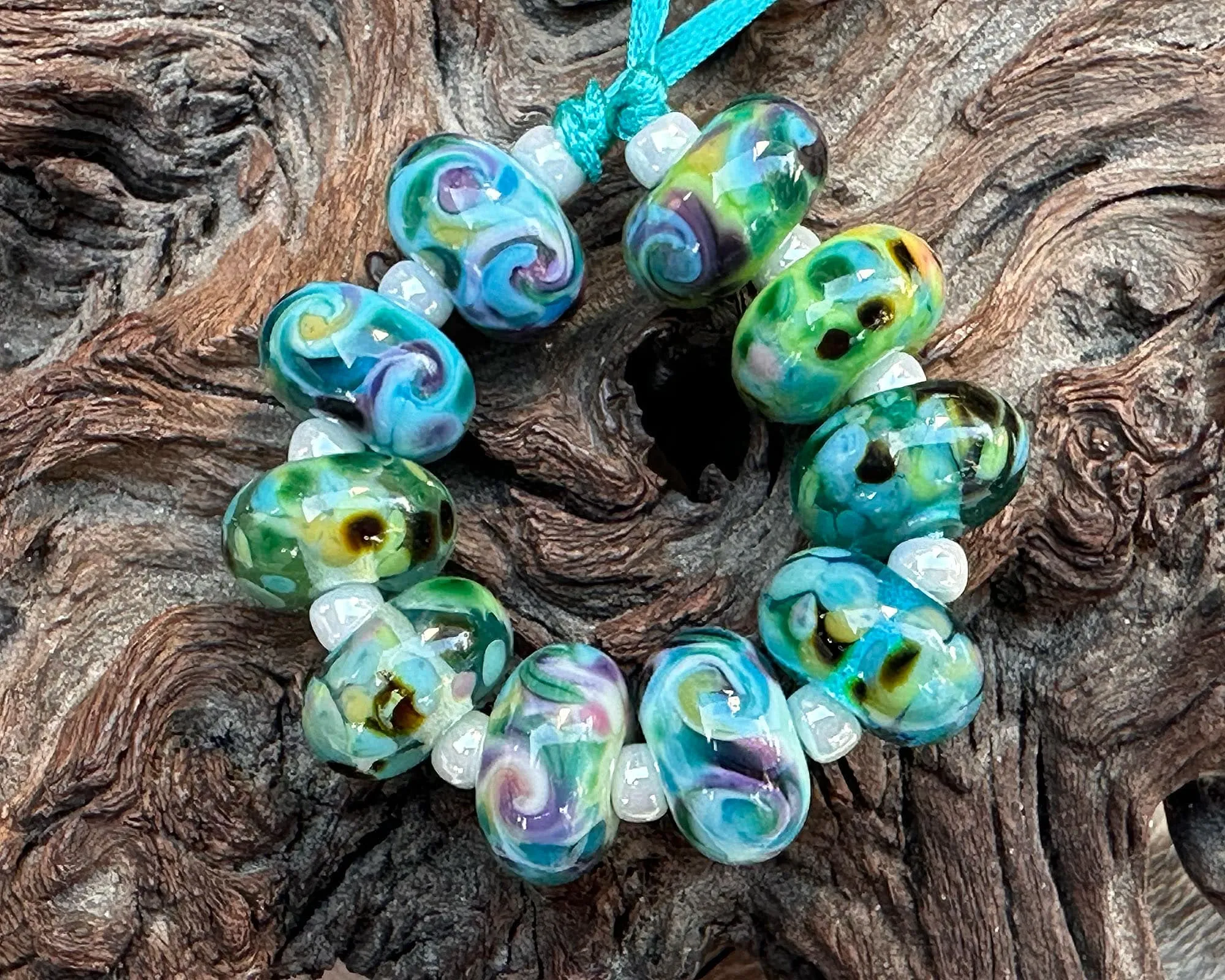 10 Green Blue Mosaics Lampwork Beads Set SRA