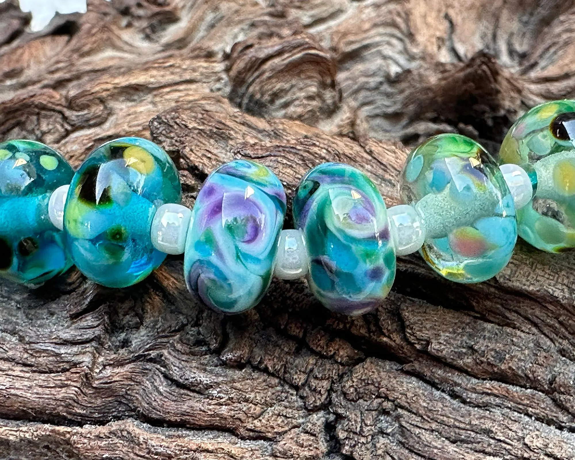 10 Green Blue Mosaics Lampwork Beads Set SRA