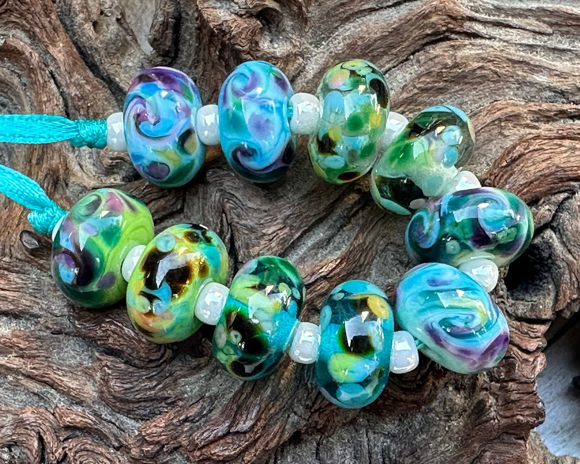 10 Green Blue Mosaics Lampwork Beads Set SRA