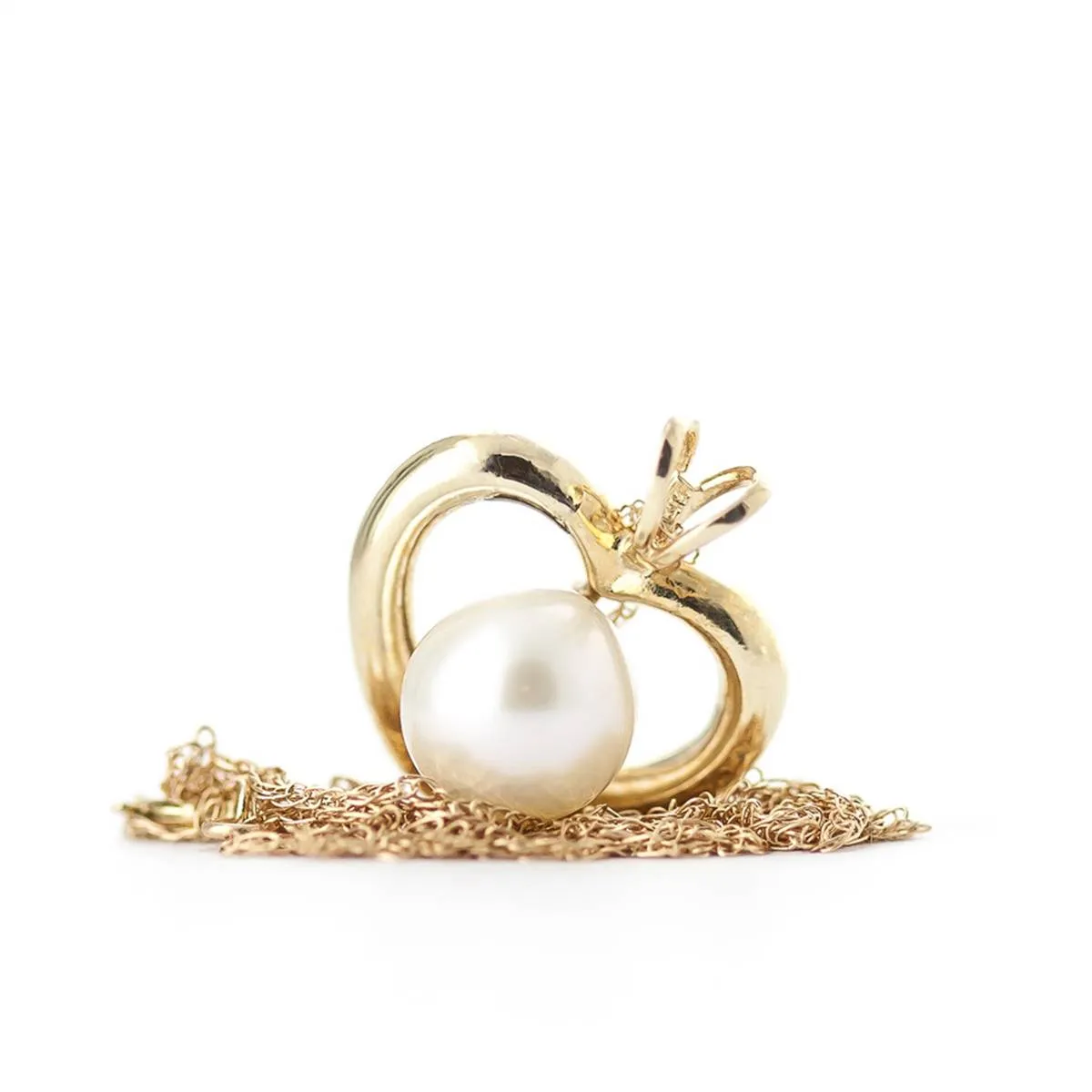 14K Solid Yellow Gold Heart Necklace w/ Natural Pearl