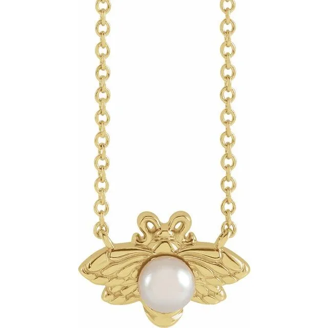 14K Yellow Gold Freshwater Cultured Akoya Pearl Bee 18" Necklace