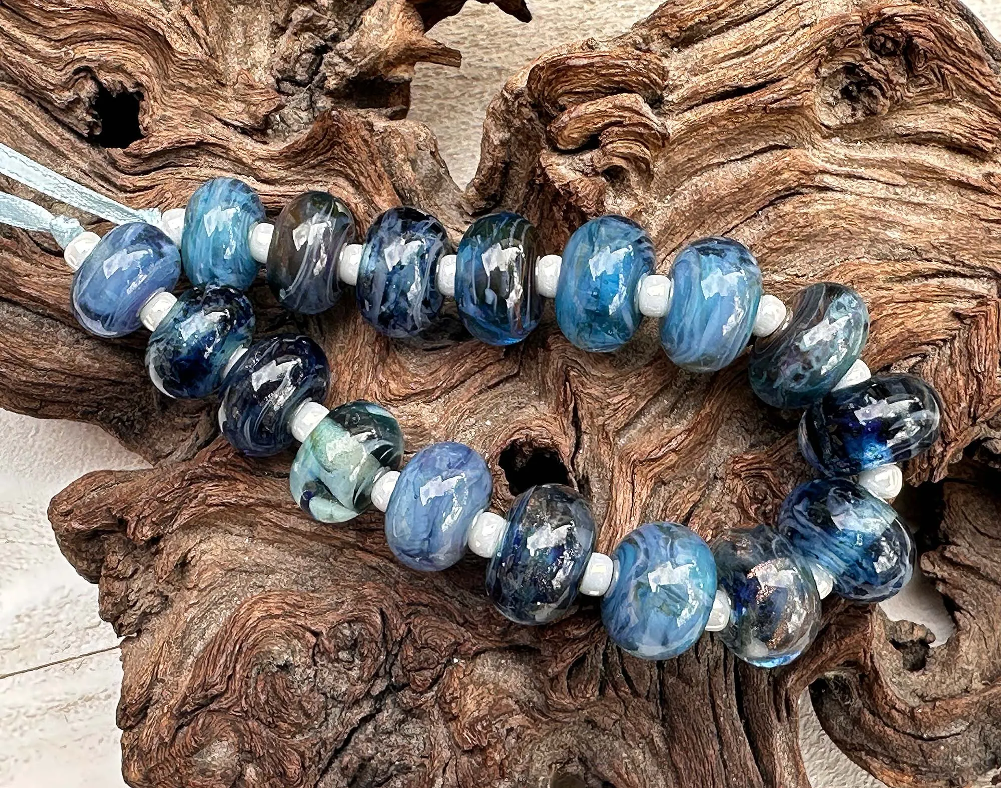 17 Steel Blue Lampwork Beads Set SRA
