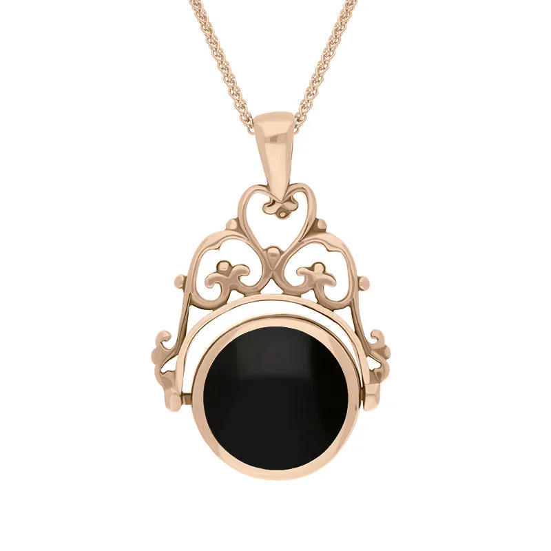 18ct Rose Gold Whitby Jet Malachite Double Sided Round Swivel Fob Necklace