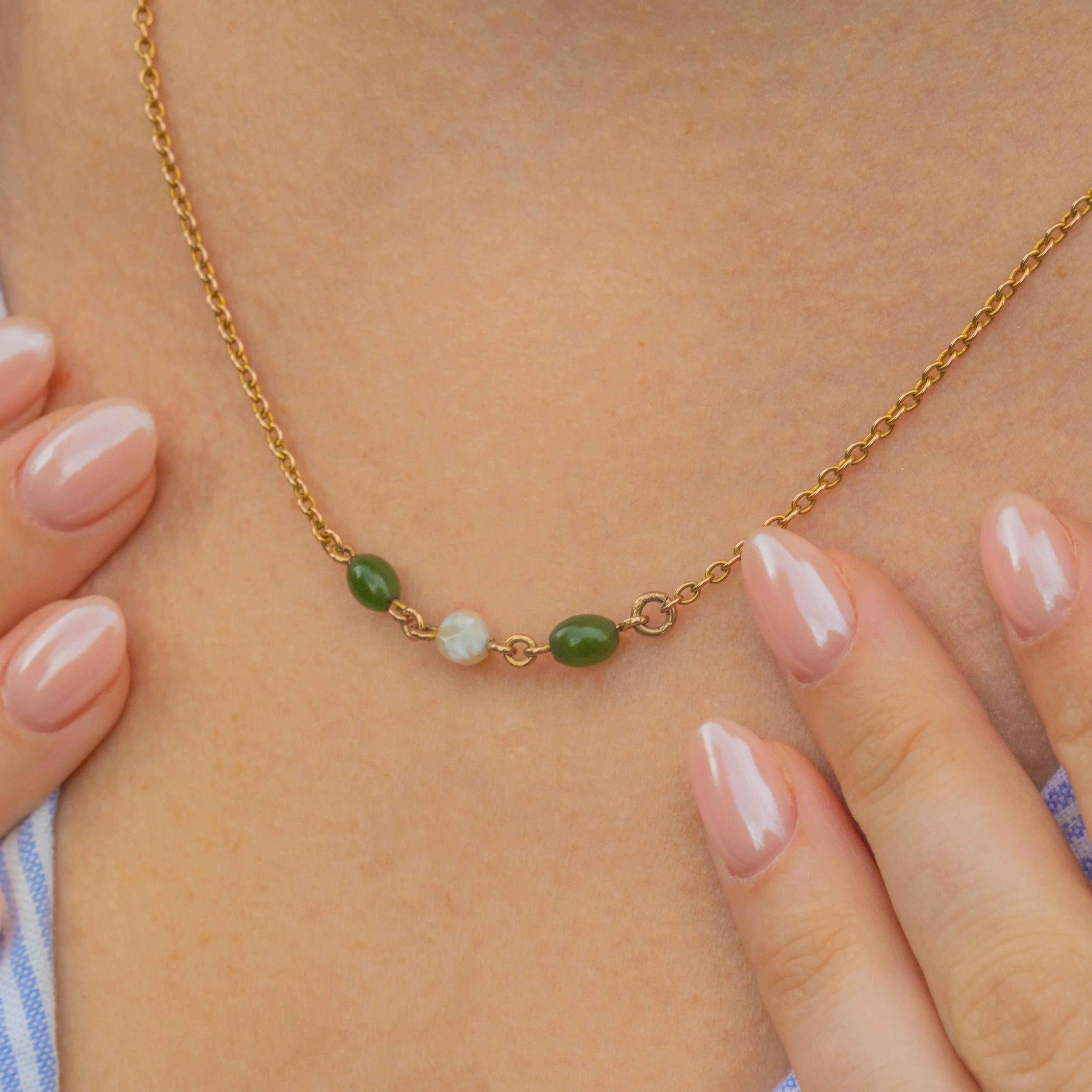 31" Antique 9ct Gold Jade & Baroque Pearl Necklace