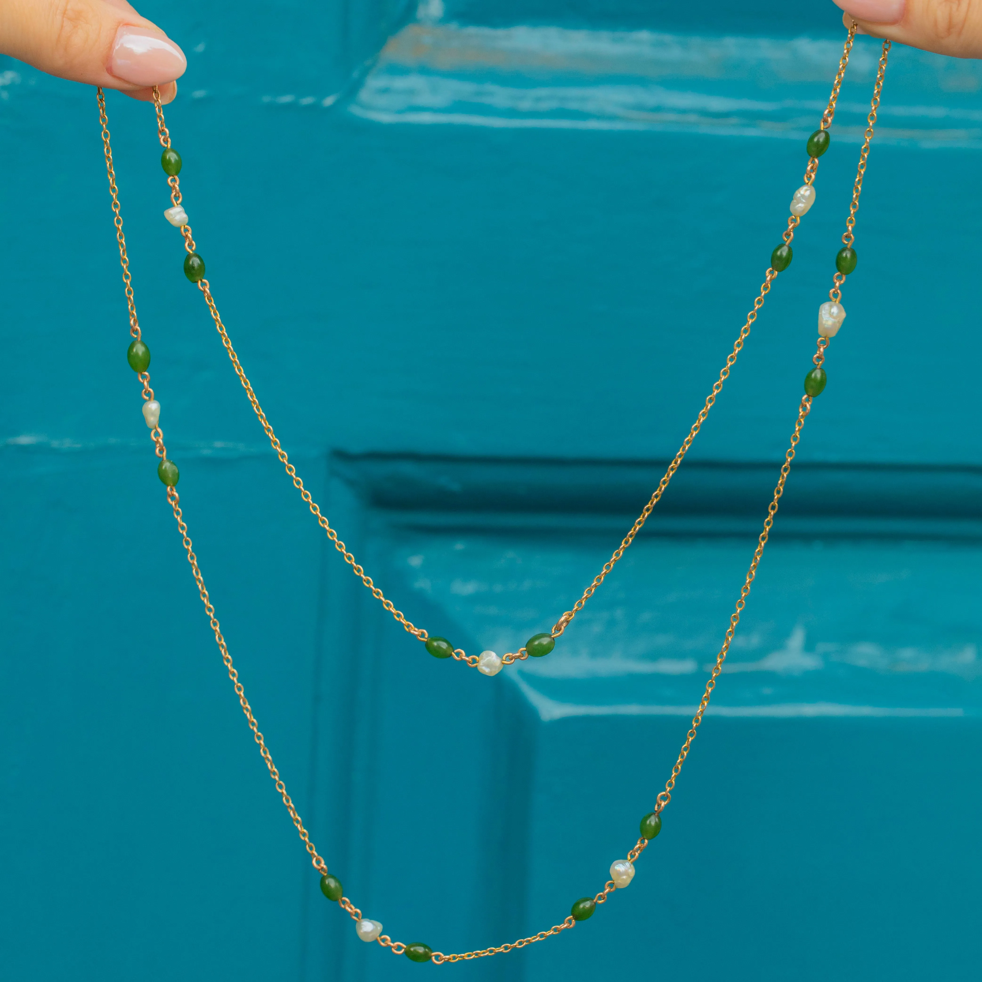 31" Antique 9ct Gold Jade & Baroque Pearl Necklace