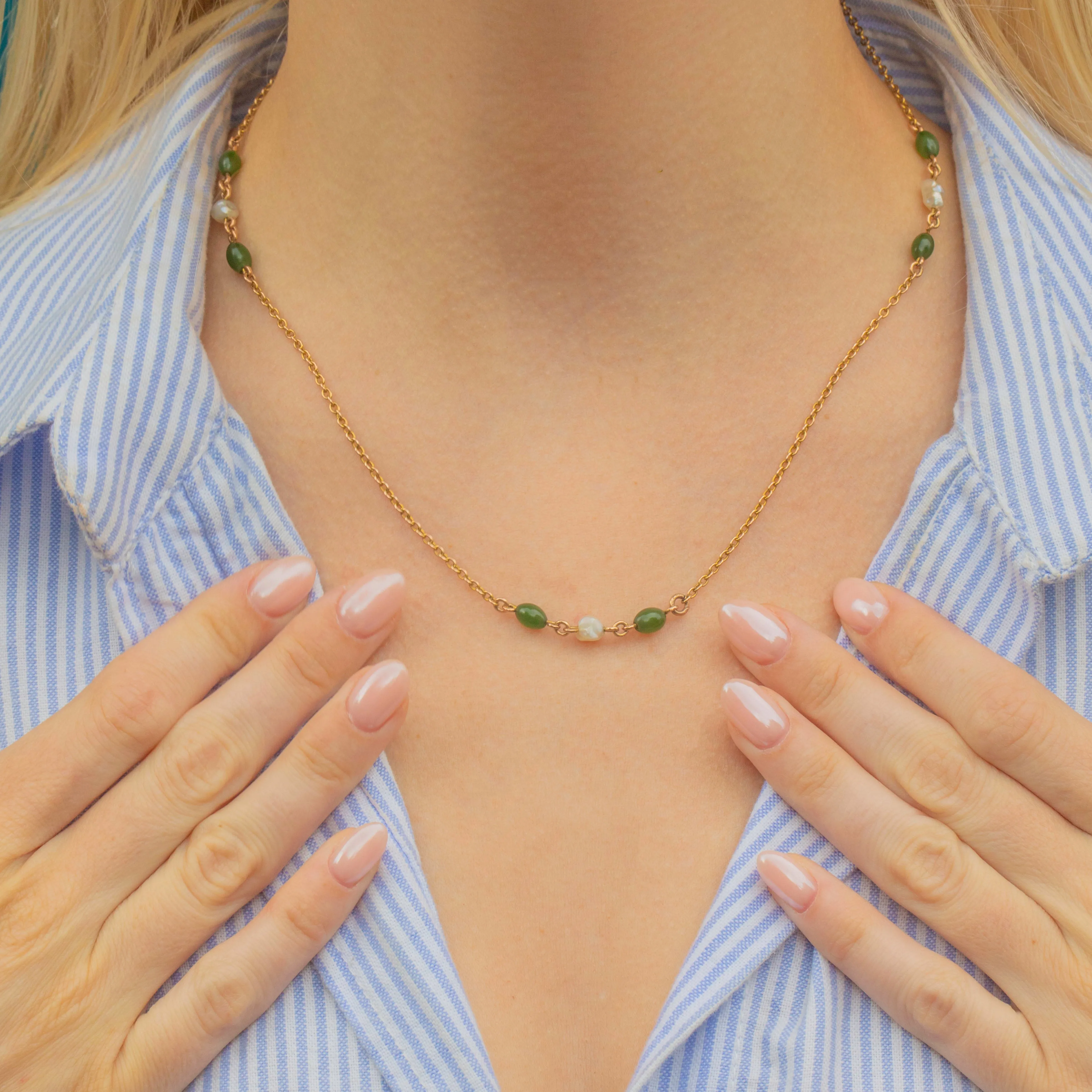 31" Antique 9ct Gold Jade & Baroque Pearl Necklace