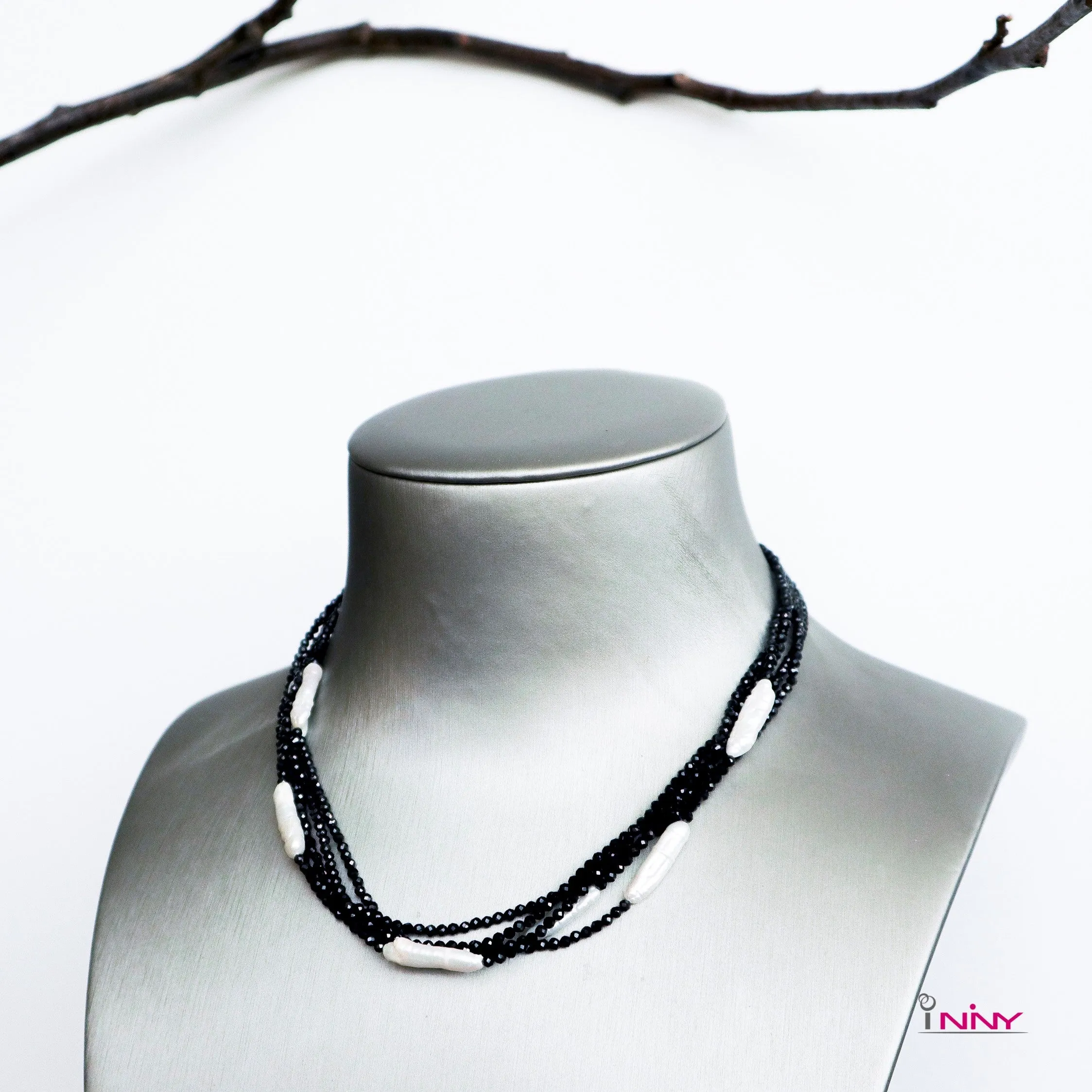 5-Line of Black Spinel & Fresh Water Pearl Necklace