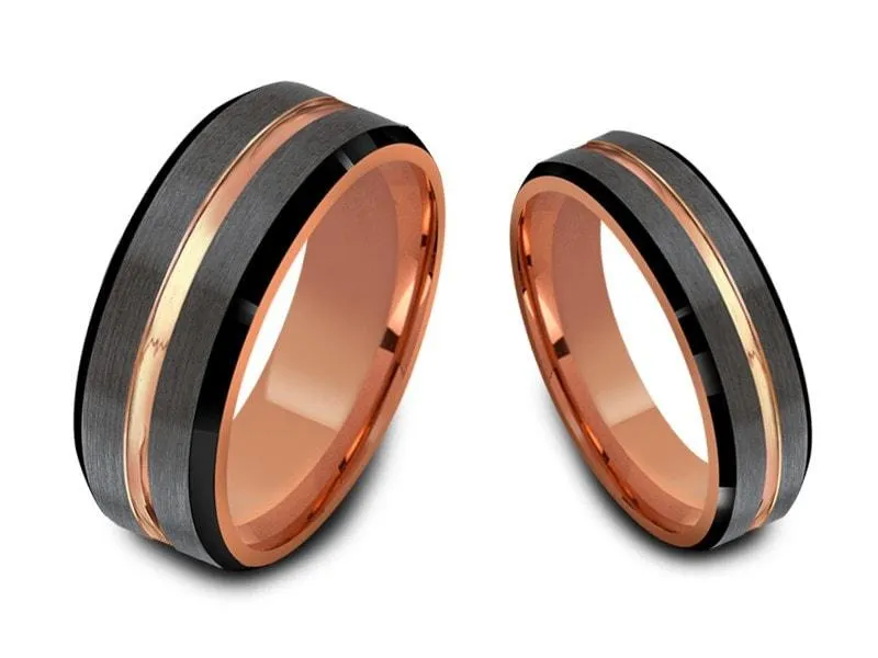 6MM/8MM BRUSHED GRAY Tungsten Wedding Band Set BLACK EDGES AND ROSE GOLD INTERIOR