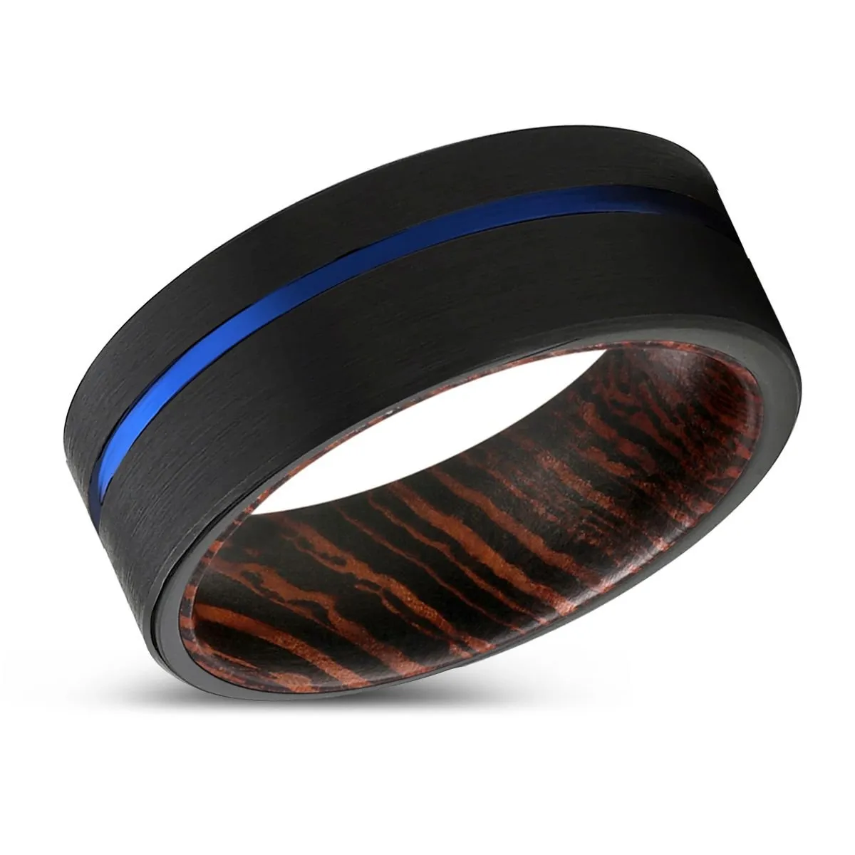 ALCEO | Wenge Wood, Black Tungsten Ring, Blue Offset Groove, Flat