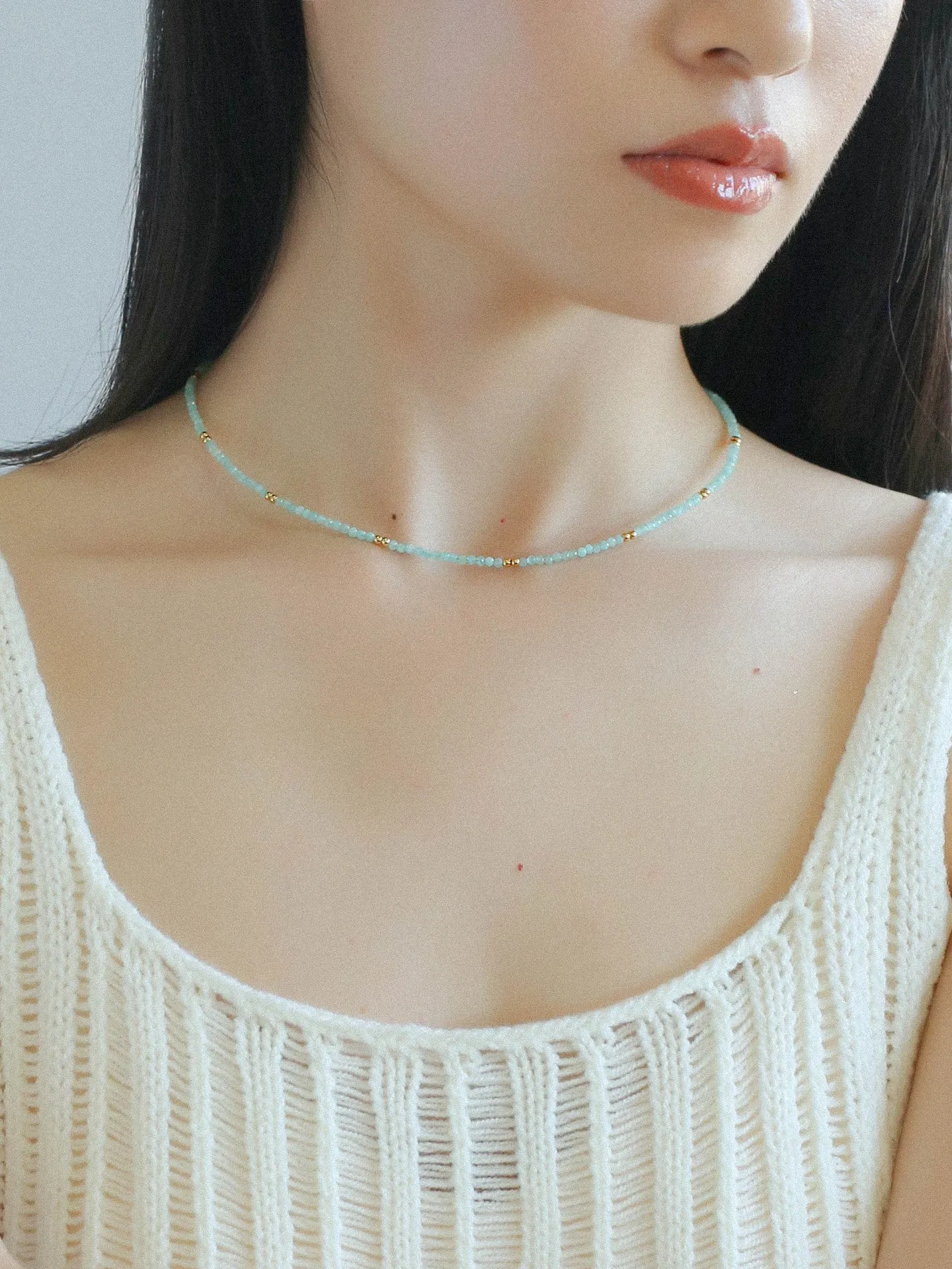Amazonite and Gold Bean Beaded Necklace