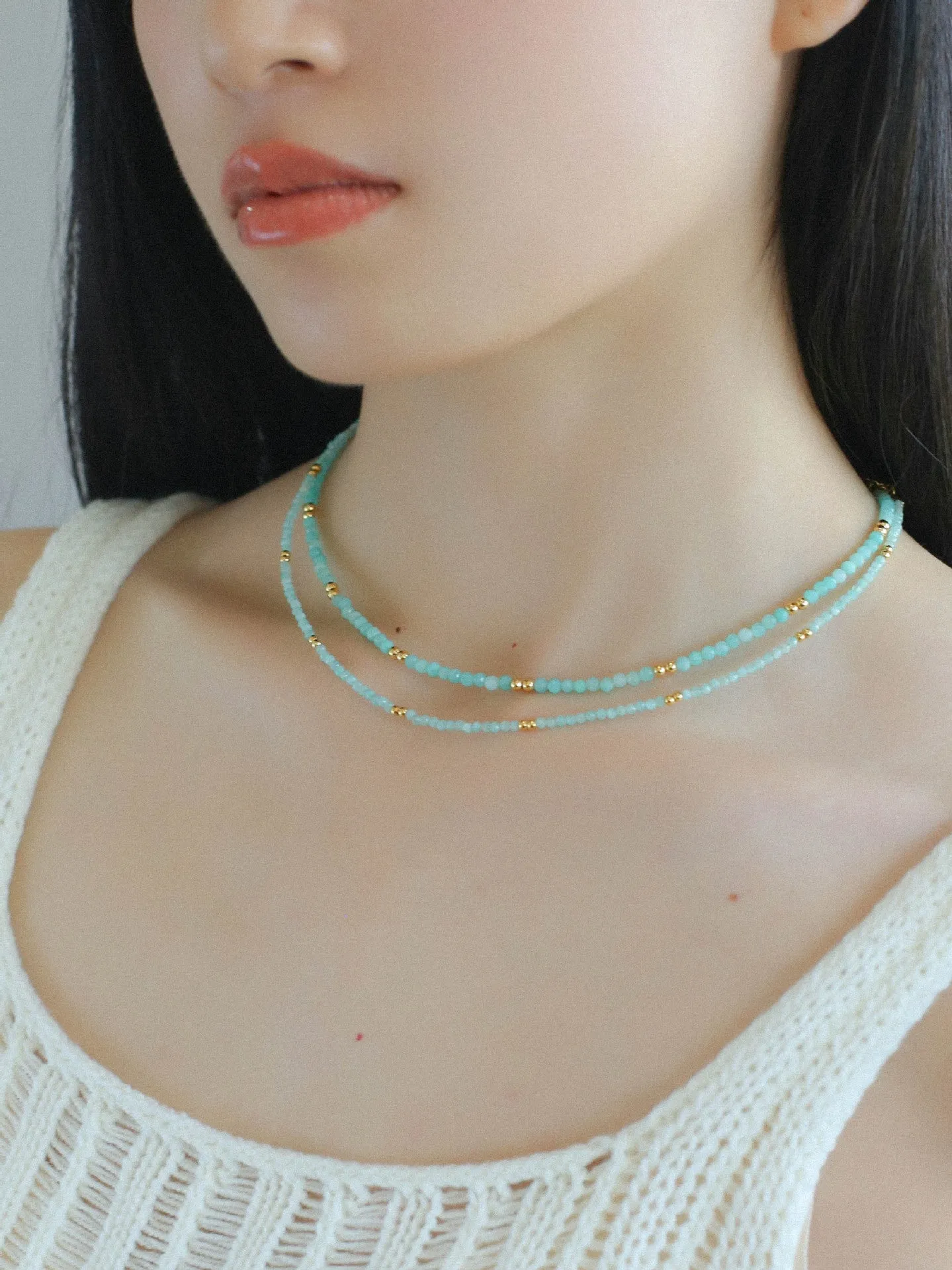 Amazonite and Gold Bean Beaded Necklace