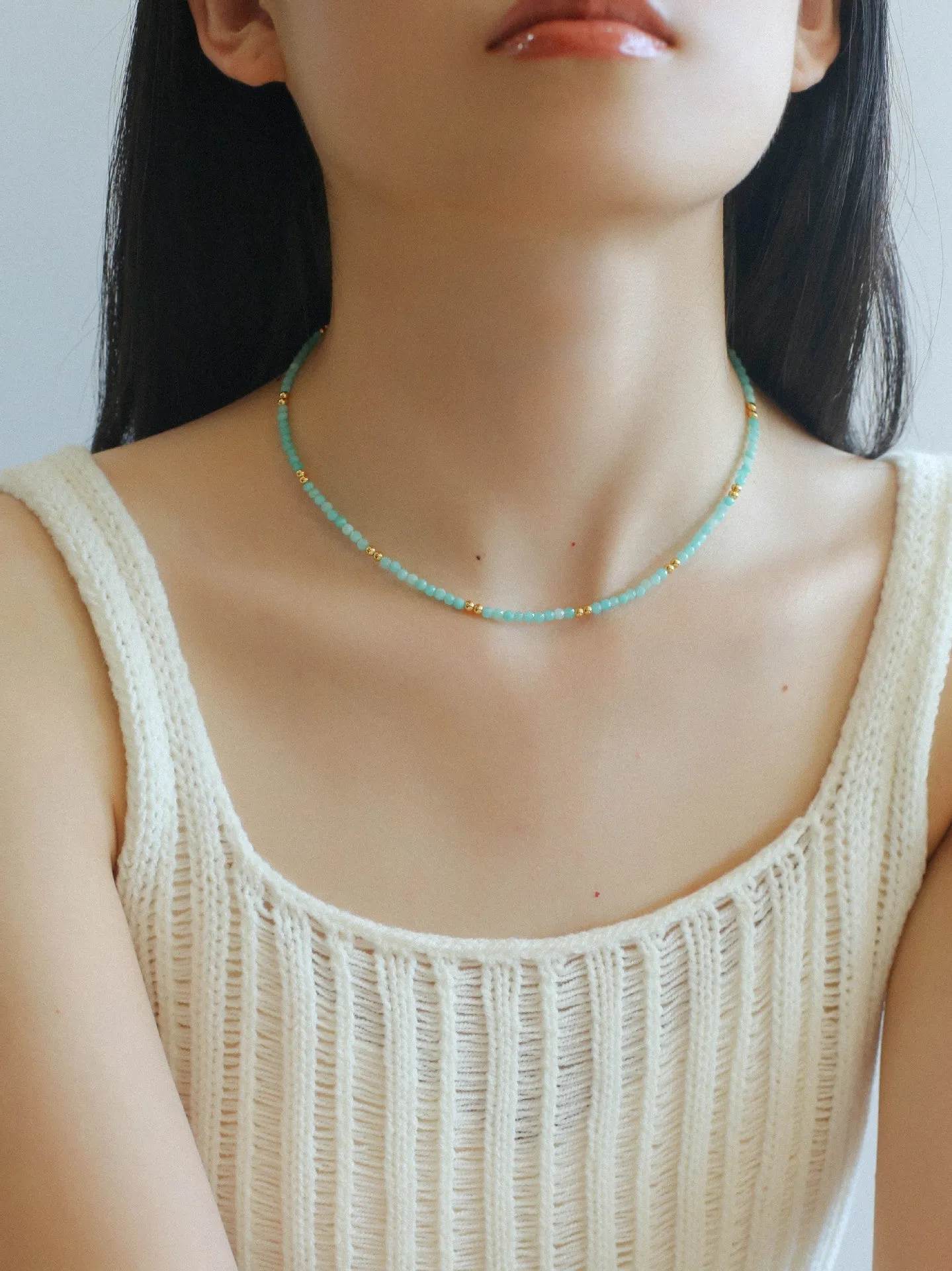 Amazonite and Gold Bean Beaded Necklace