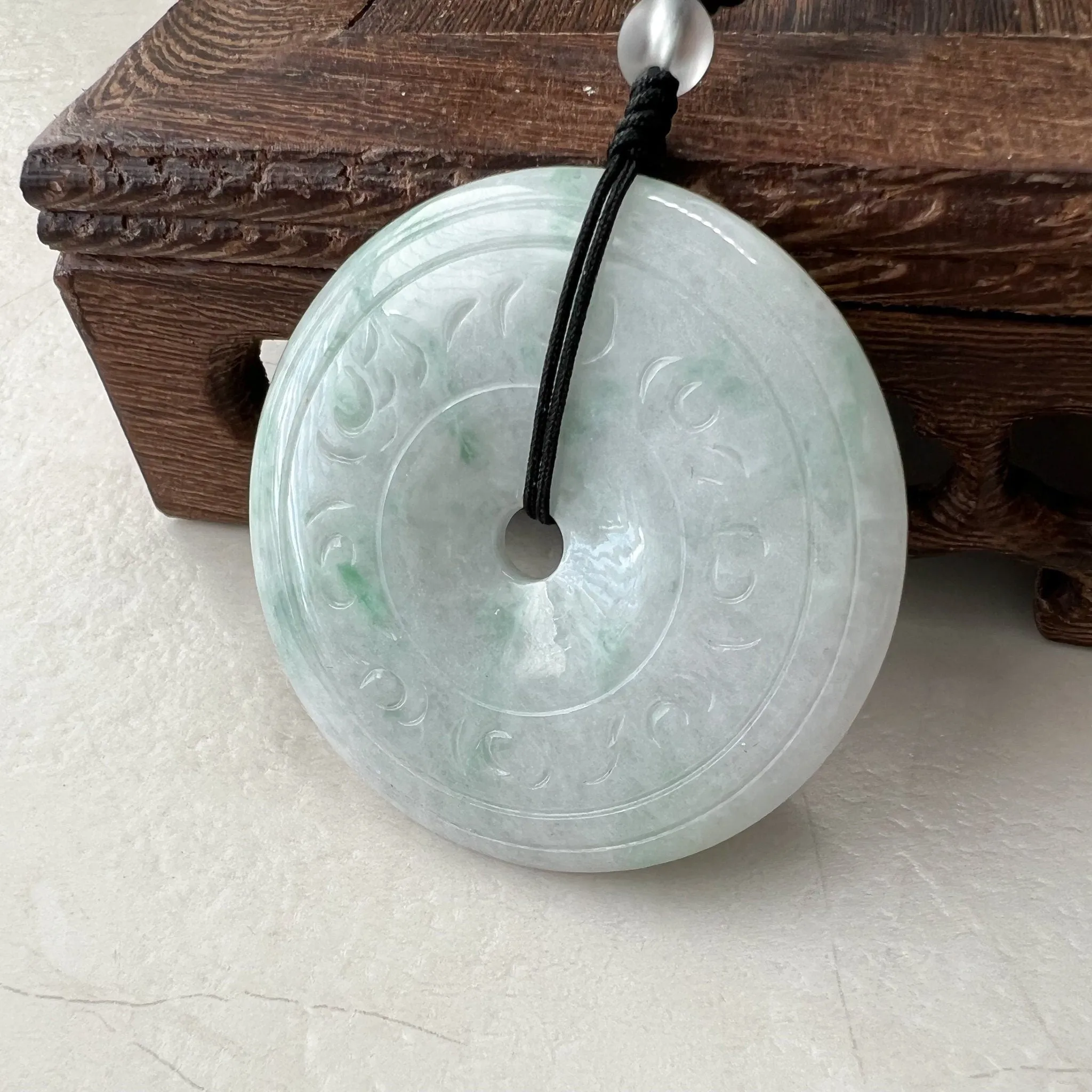 Antique Carving Jadeite Jade Large Circle Donut Carved Necklace, YJ-0921-0174979