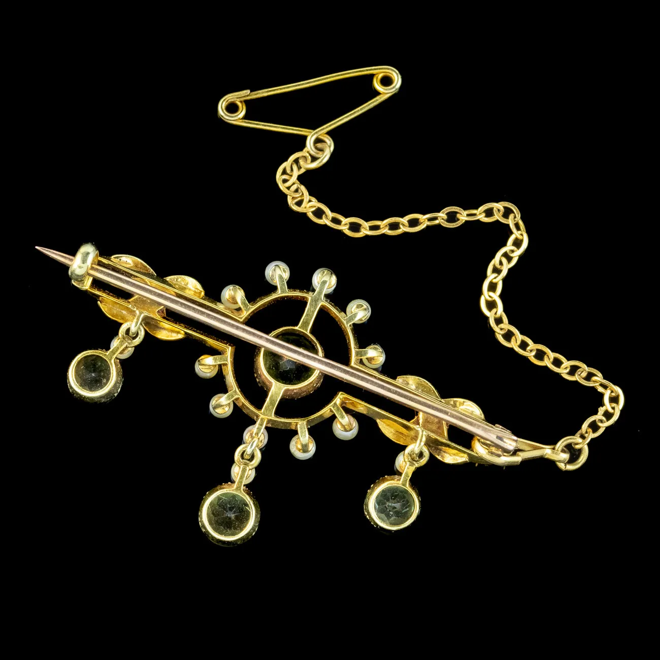 Antique Edwardian Peridot Pearl Brooch 15ct Gold