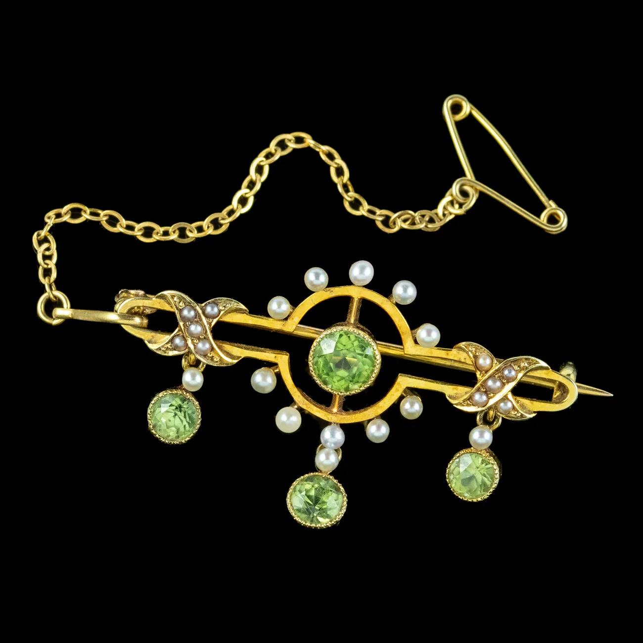 Antique Edwardian Peridot Pearl Brooch 15ct Gold