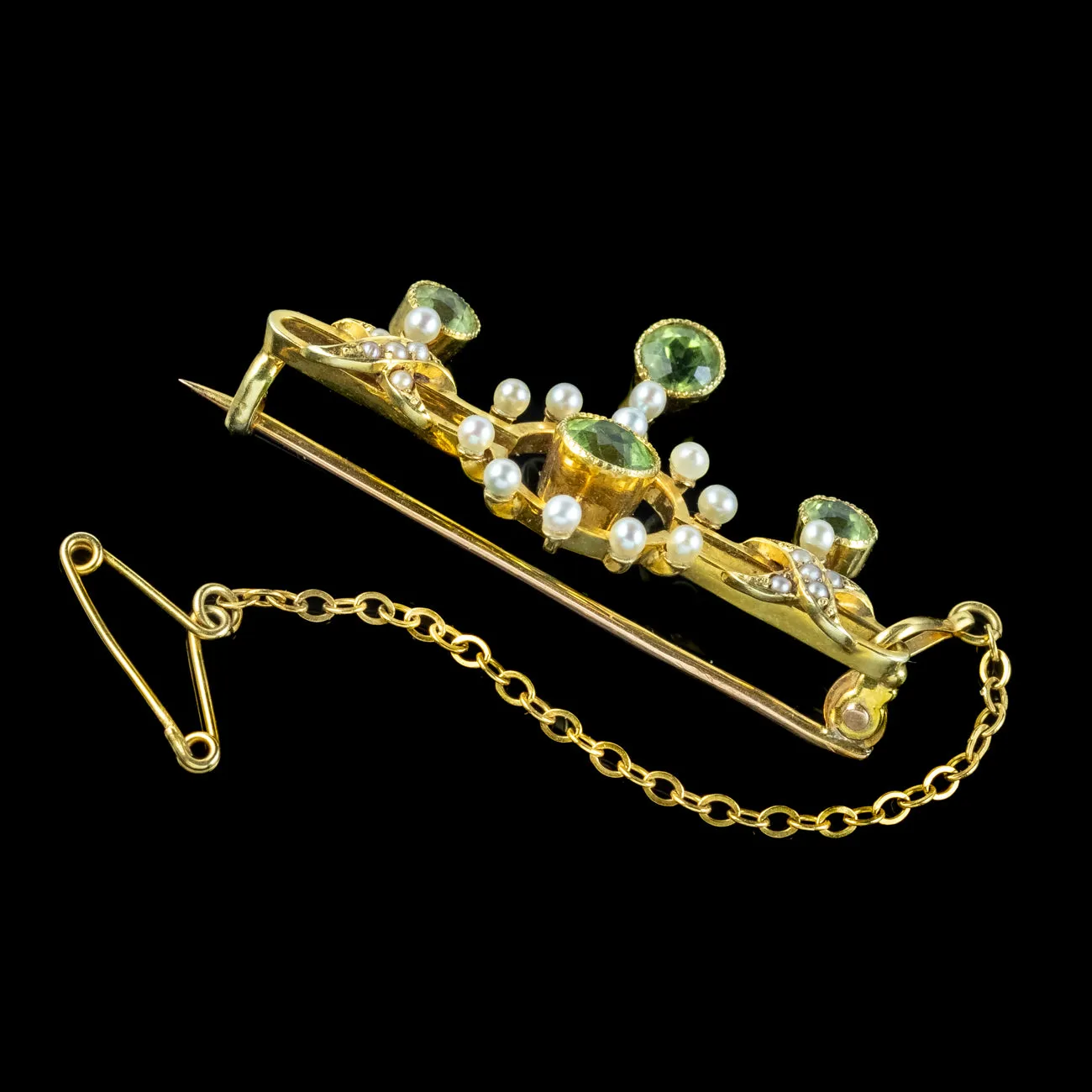 Antique Edwardian Peridot Pearl Brooch 15ct Gold