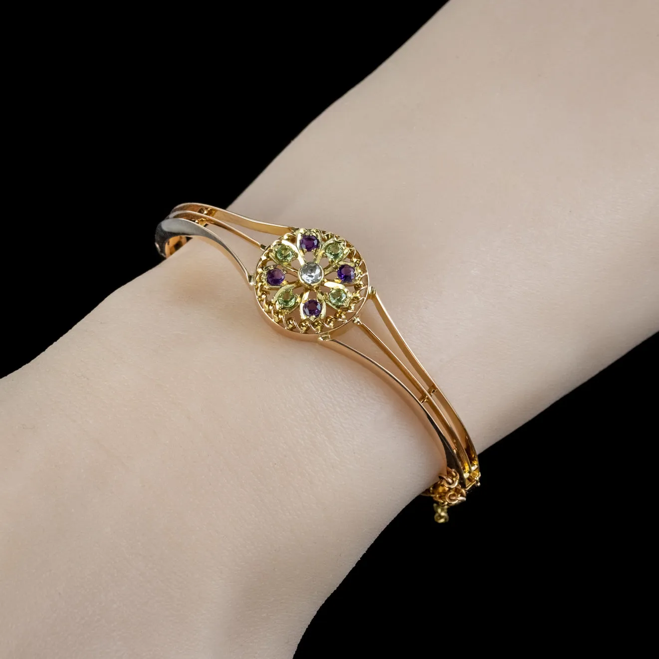 Antique Edwardian Suffragette Flower Bangle 15ct Gold Circa 1910