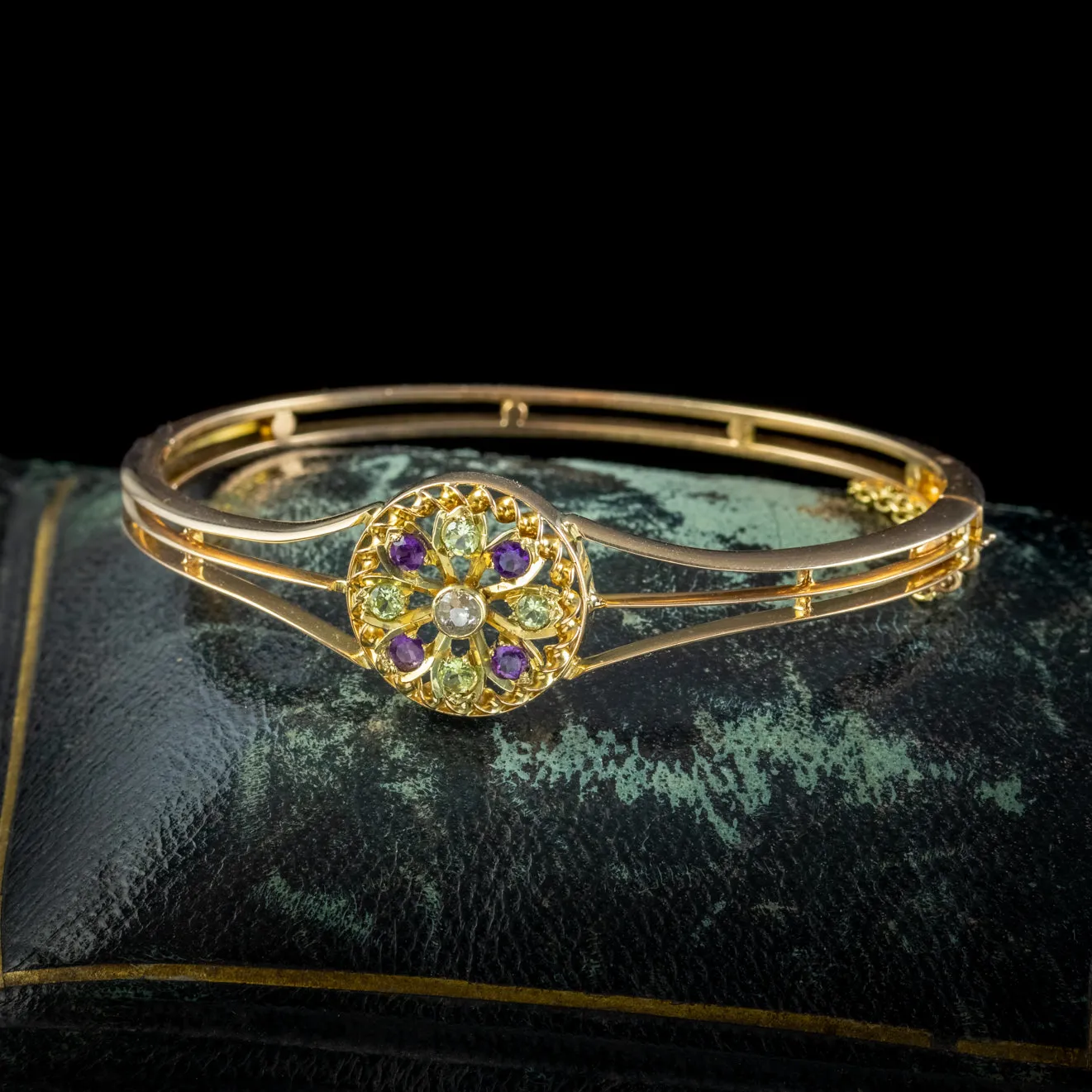 Antique Edwardian Suffragette Flower Bangle 15ct Gold Circa 1910