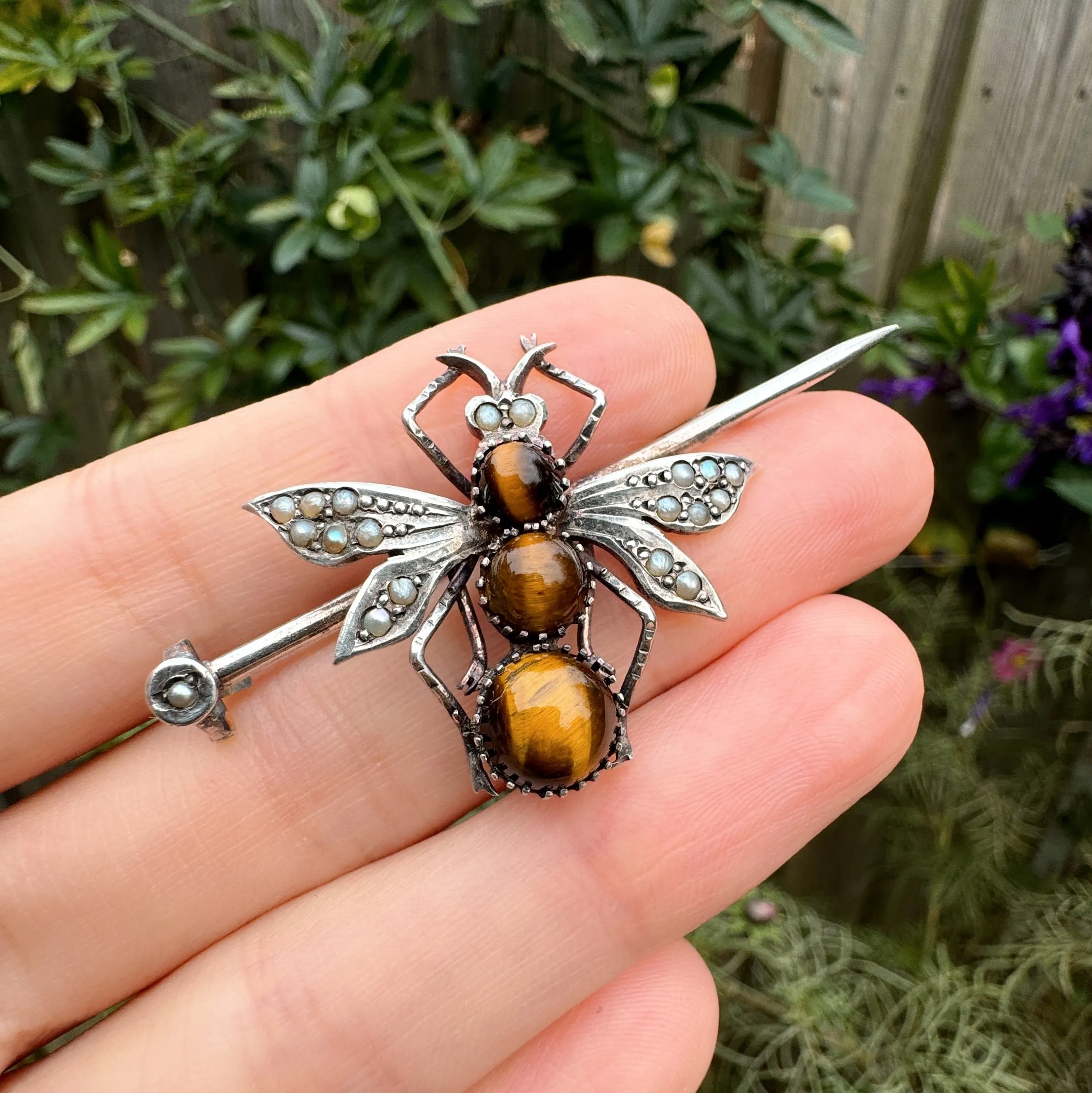 Antique Victorian Silver Tigers Eye Insect Pin Brooch