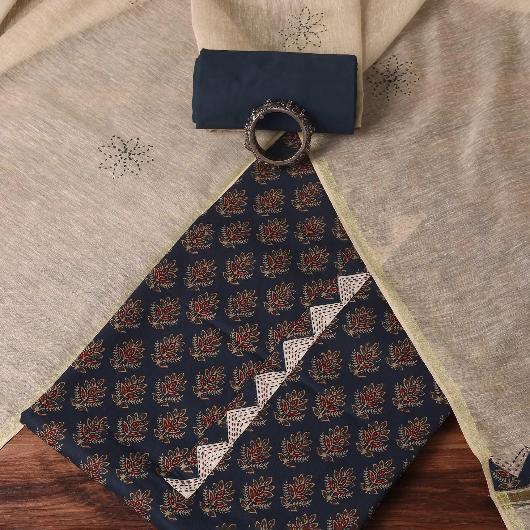 Blue Cotton Indie Block Print Unstitched Dress Material