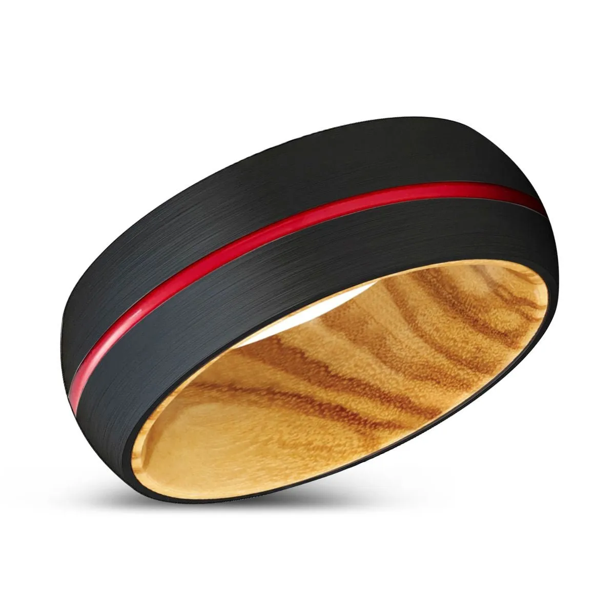 BLUSTER | Olive Wood, Black Tungsten Ring, Red Groove, Domed