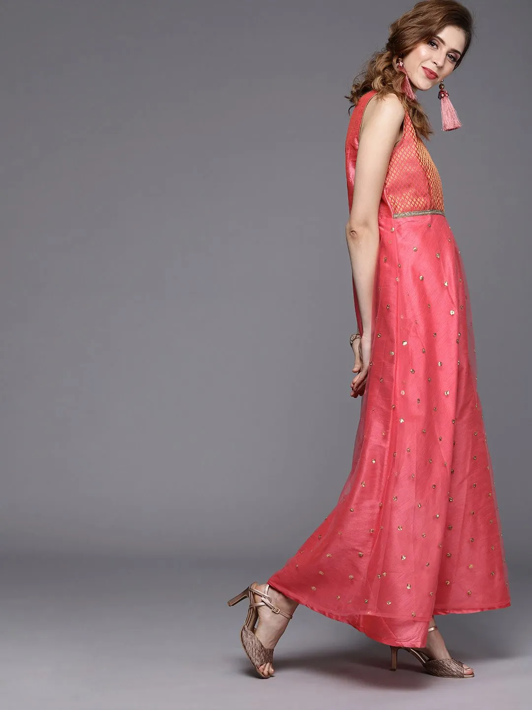 Brocade and Net Sequins Embroidered Maxi Kurta