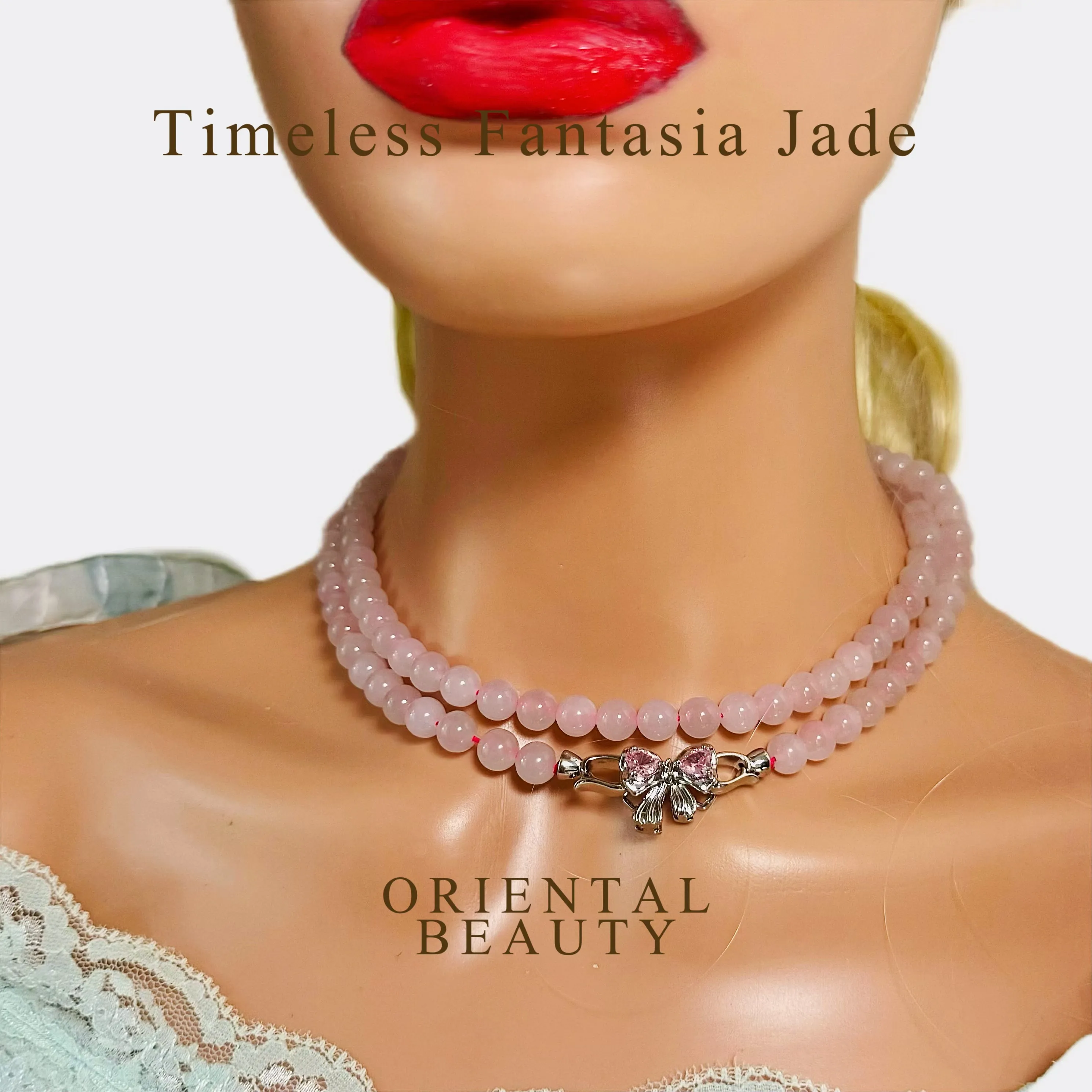 Certified genuine pink Hetian jade Nephrite Jade necklace 34 inches - 108 8mm beads