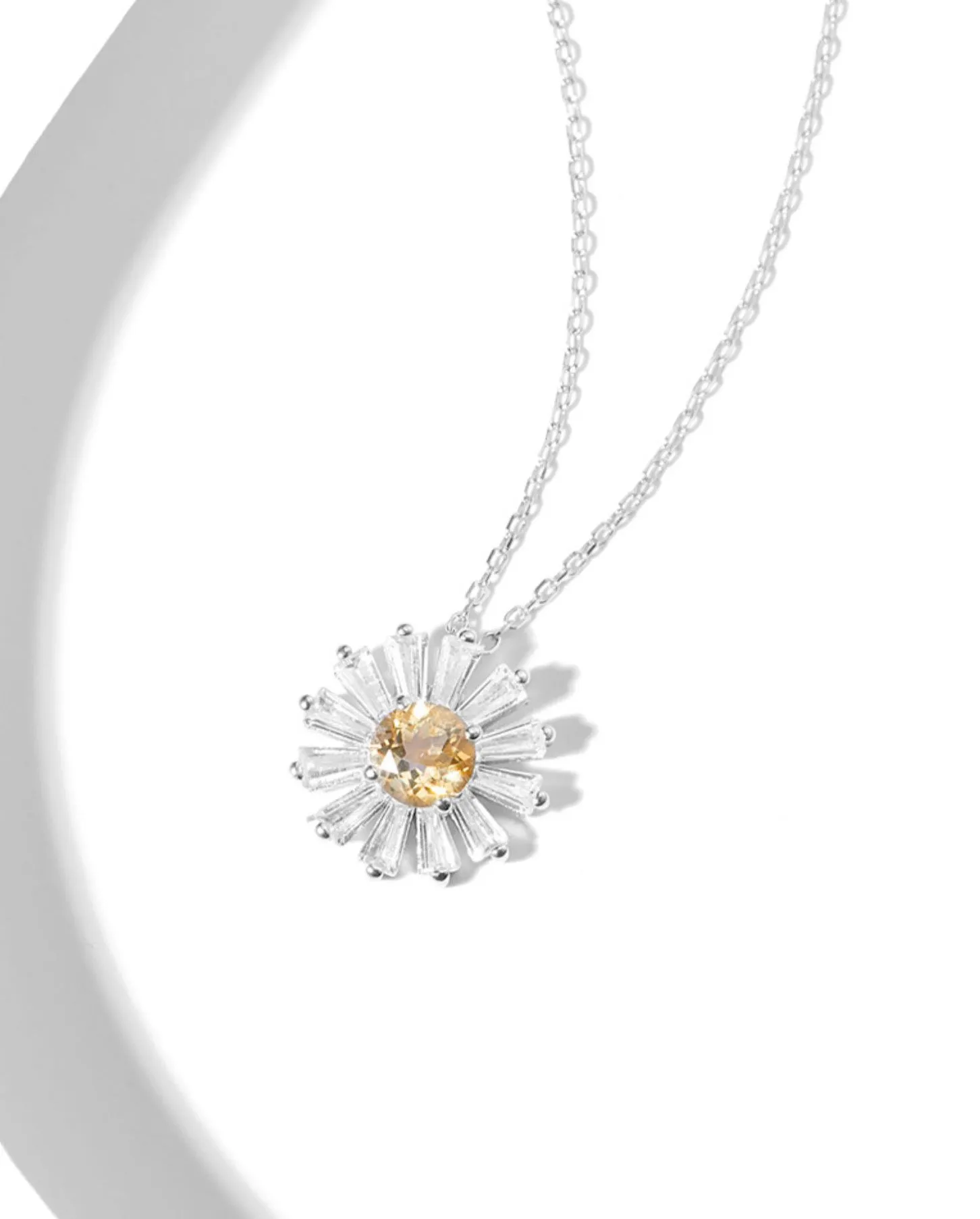 Charm Daisy Shaped Womens Citrine Pendant Sterling Silver Necklace For Women