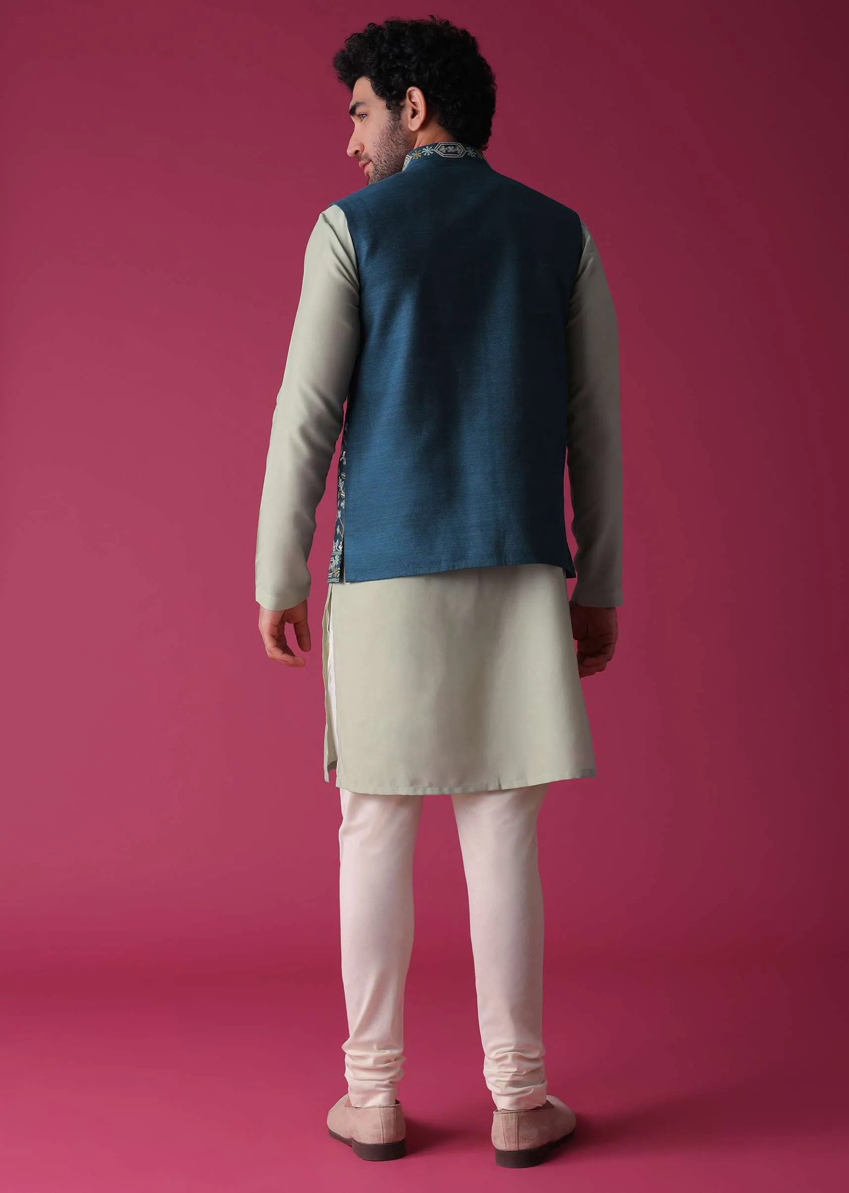 Cobalt Blue Jacket Kurta Set In Silk With Threadwork And Sequins