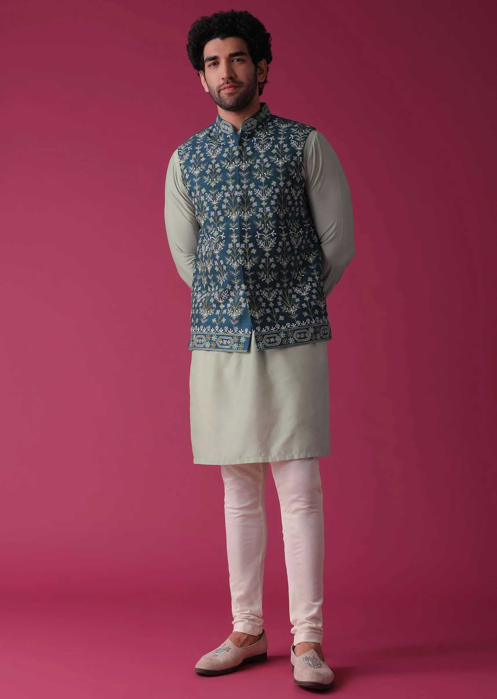 Cobalt Blue Jacket Kurta Set In Silk With Threadwork And Sequins