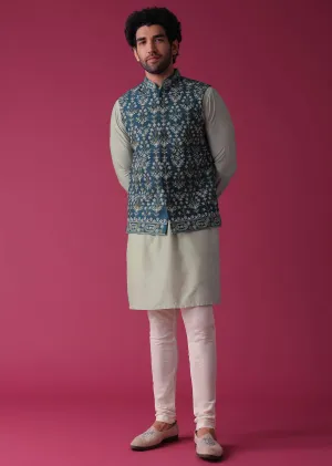 Cobalt Blue Jacket Kurta Set In Silk With Threadwork And Sequins