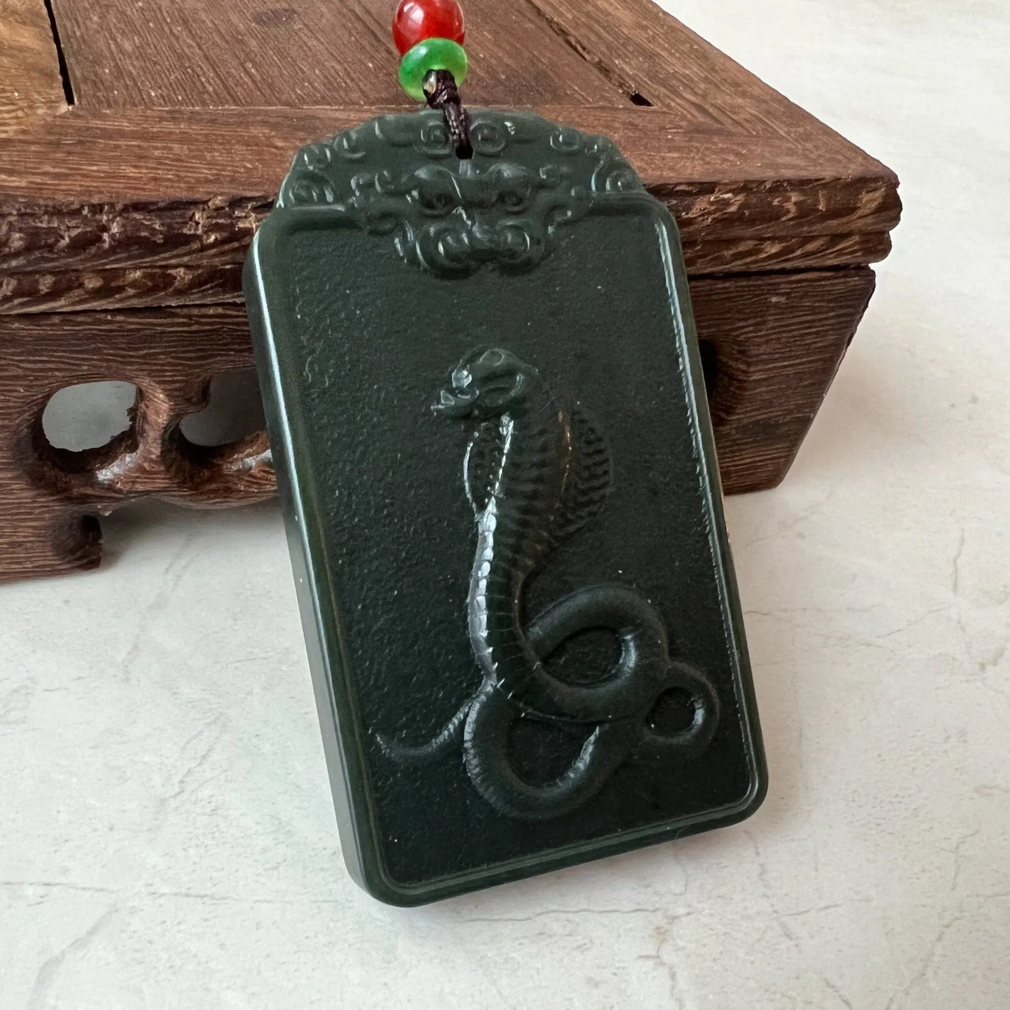 Dark Green Nephrite Jade Samantabhadra Buddha bodhisattva with elephant, Pu Xian, Phổ Hiền Bồ Tát, Snake Pendant Necklace,RM-1221-1649702412