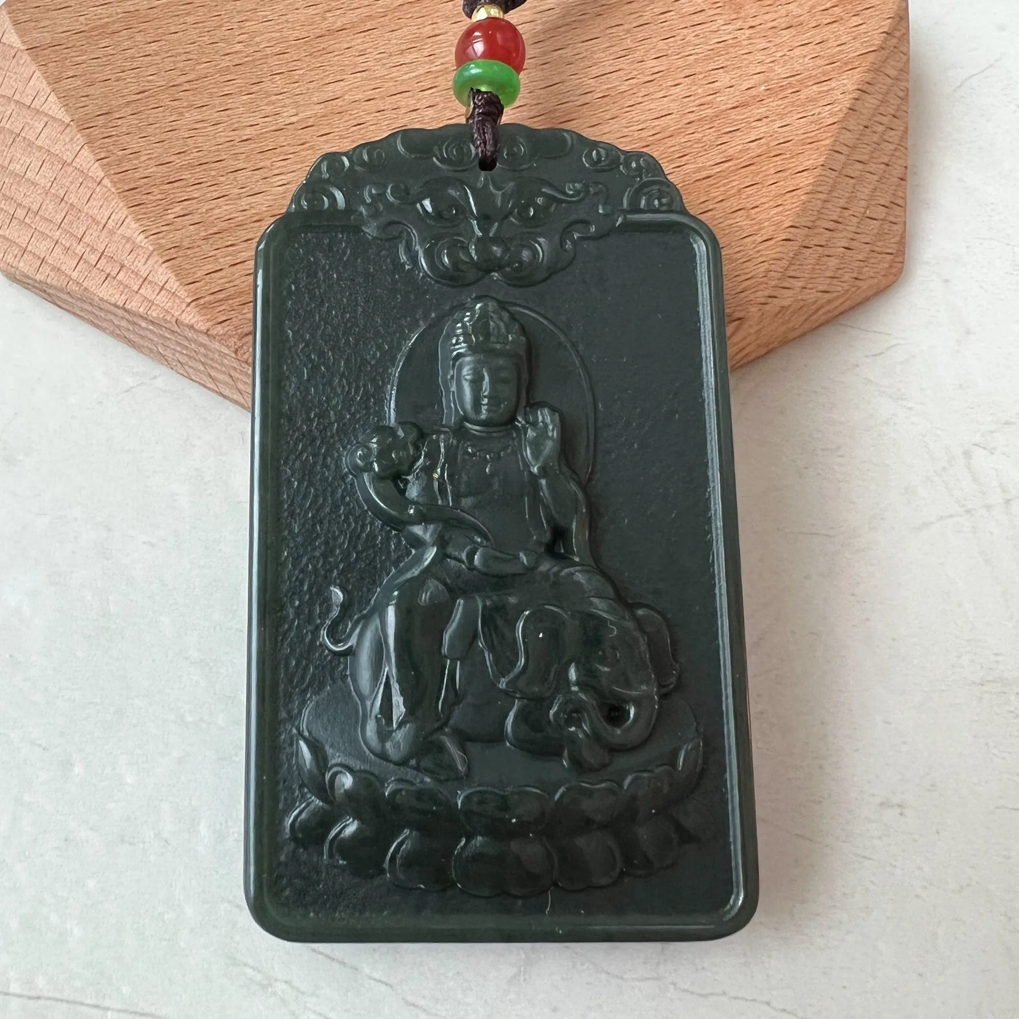 Dark Green Nephrite Jade Samantabhadra Buddha bodhisattva with elephant, Pu Xian, Phổ Hiền Bồ Tát, Snake Pendant Necklace,RM-1221-1649702412