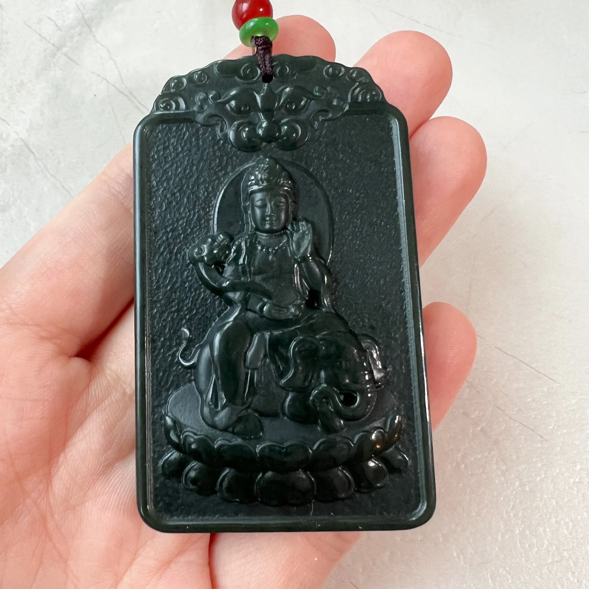 Dark Green Nephrite Jade Samantabhadra Buddha bodhisattva with elephant, Pu Xian, Phổ Hiền Bồ Tát, Snake Pendant Necklace,RM-1221-1649702412