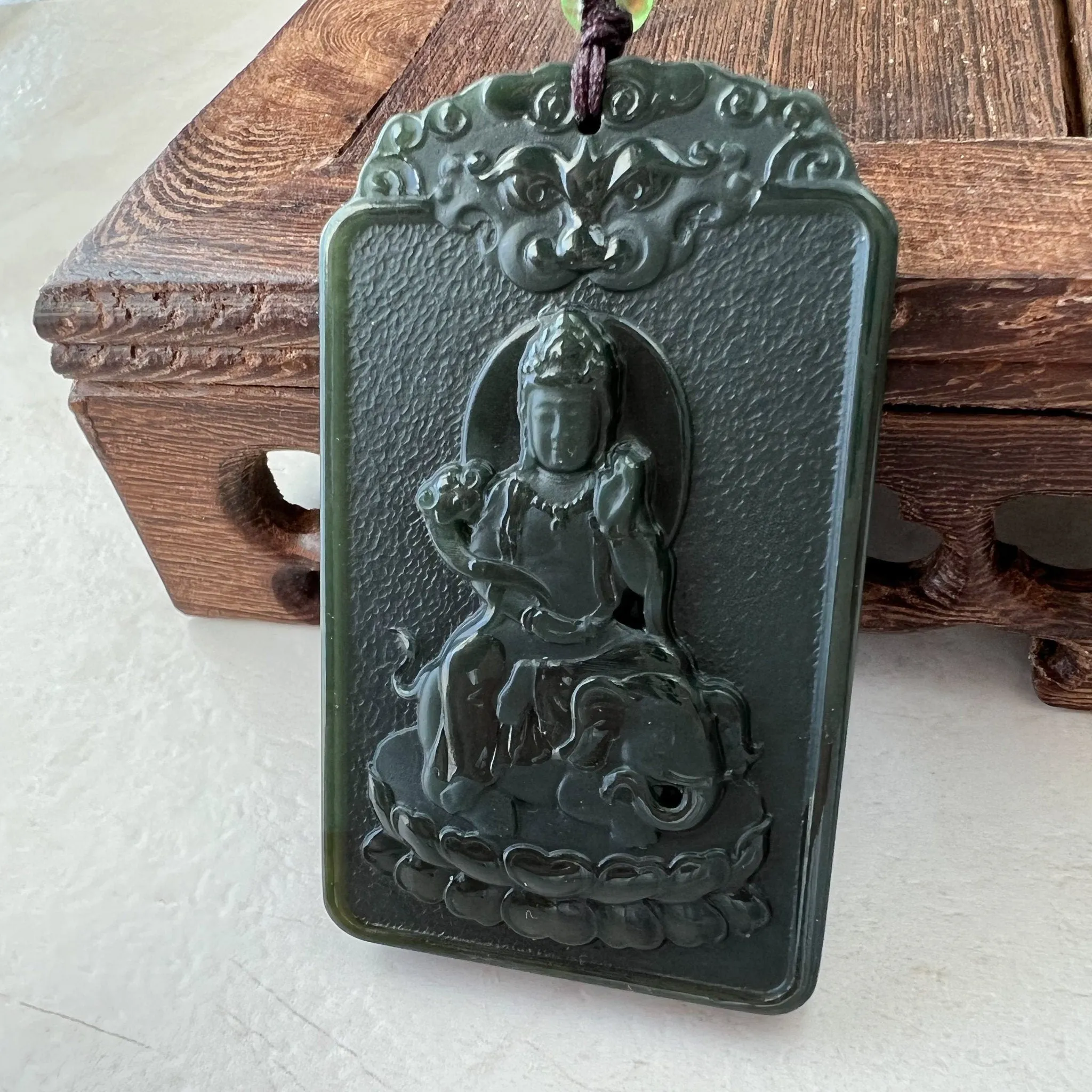 Dark Green Nephrite Jade Samantabhadra Buddha bodhisattva with elephant, Pu Xian, Phổ Hiền Bồ Tát,Dragon Pendant Necklace,RM-1221-1649390389