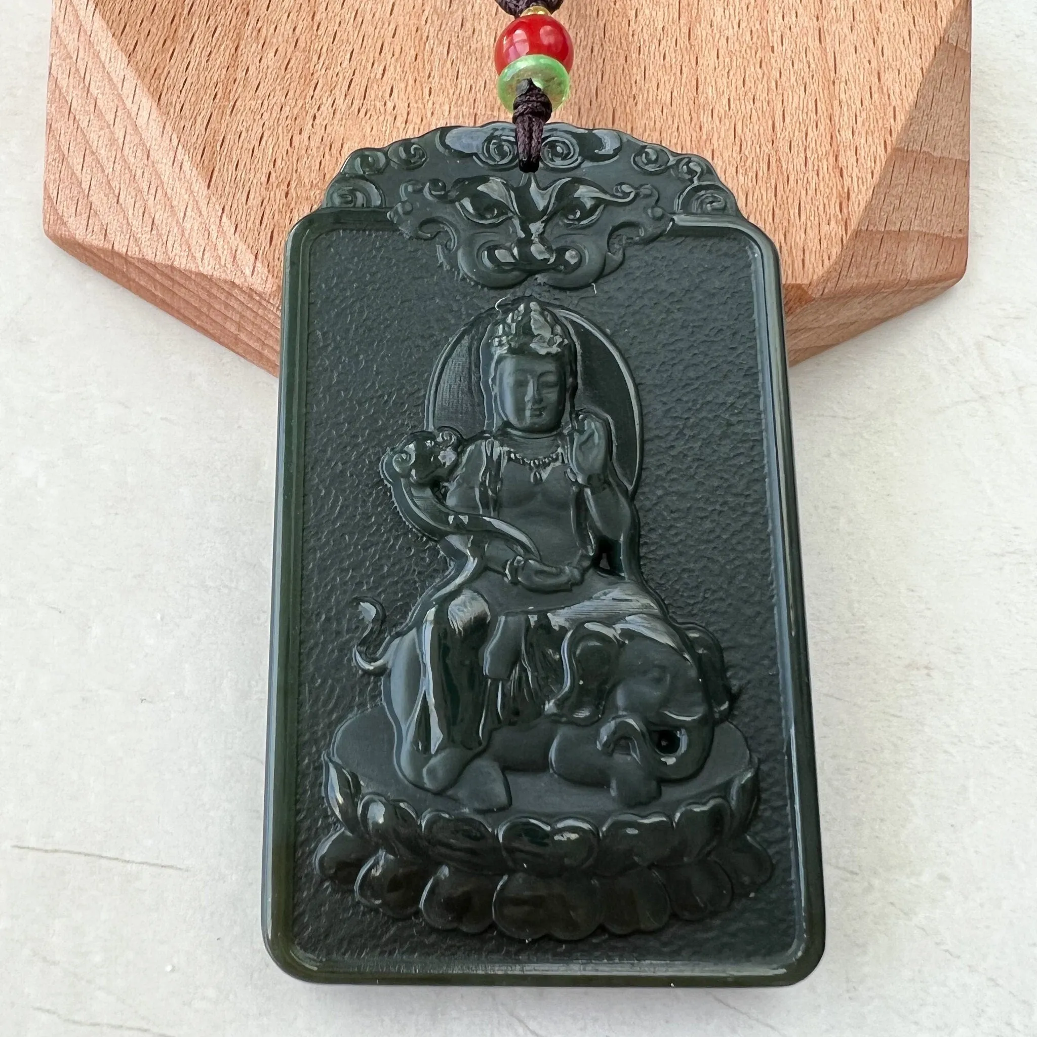 Dark Green Nephrite Jade Samantabhadra Buddha bodhisattva with elephant, Pu Xian, Phổ Hiền Bồ Tát,Dragon Pendant Necklace,RM-1221-1649390389