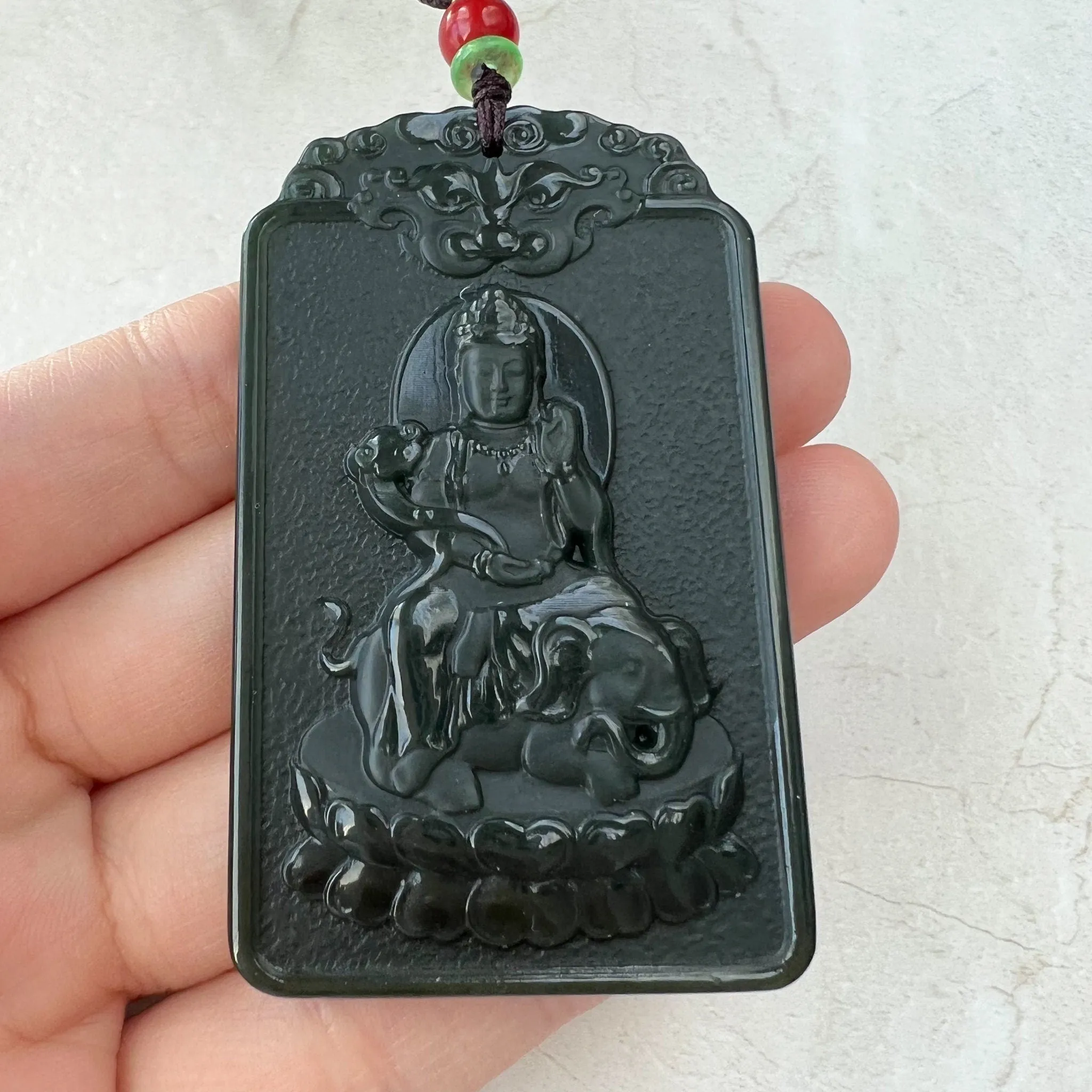 Dark Green Nephrite Jade Samantabhadra Buddha bodhisattva with elephant, Pu Xian, Phổ Hiền Bồ Tát,Dragon Pendant Necklace,RM-1221-1649390389