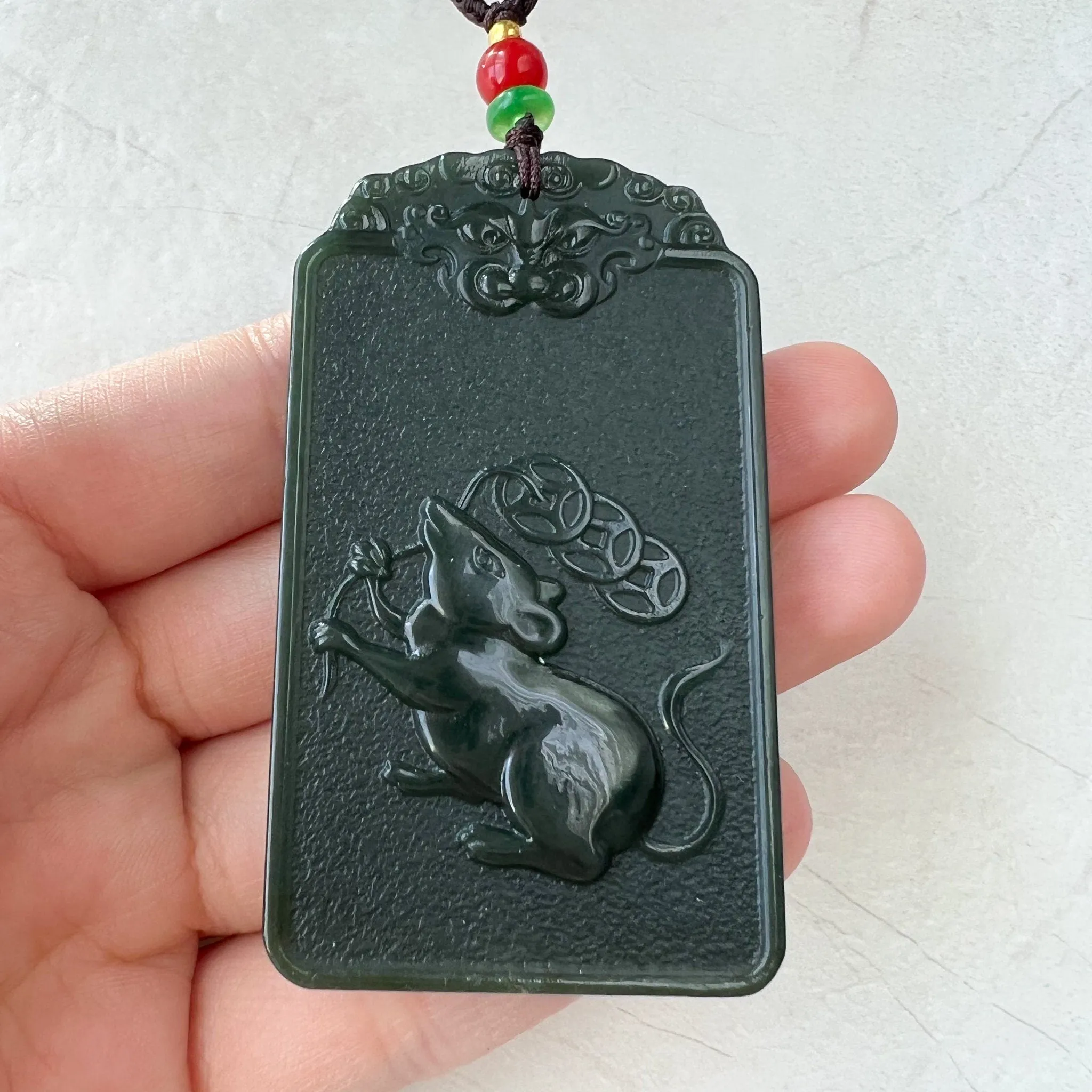 Dark Green Nephrite Jade Thousand Hand Guan Yin Necklace, Quan Am, 观音, Rat Zodiac Hand Carved Pendant, Female Buddha, RM-1221-1649436719