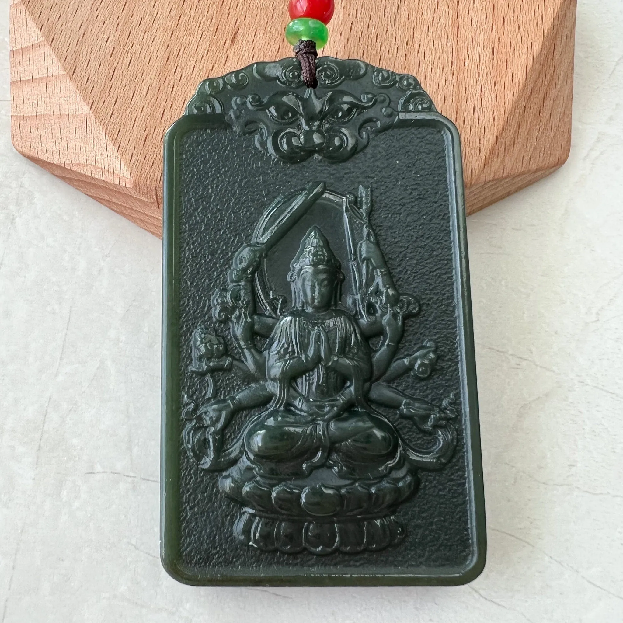 Dark Green Nephrite Jade Thousand Hand Guan Yin Necklace, Quan Am, 观音, Rat Zodiac Hand Carved Pendant, Female Buddha, RM-1221-1649436719