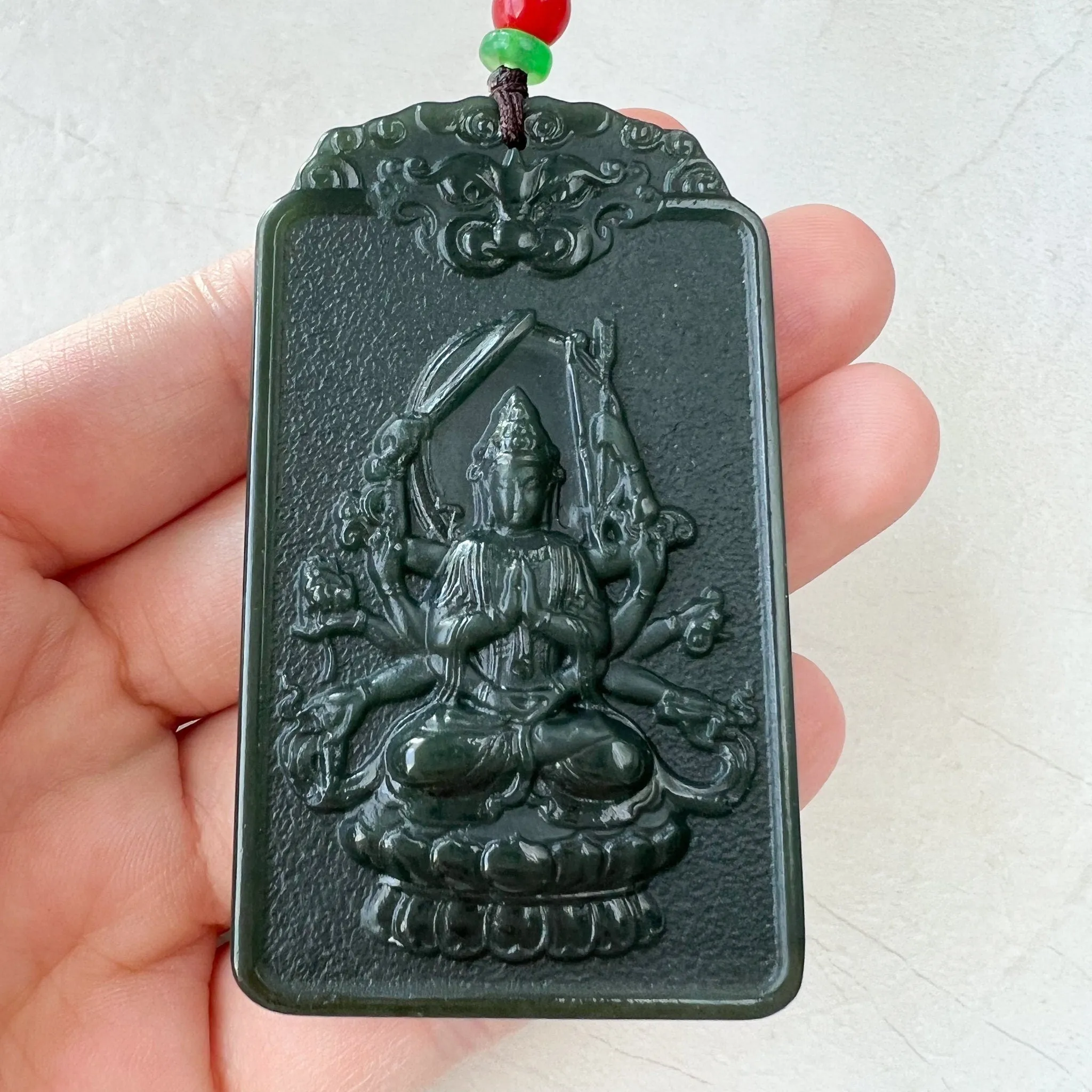 Dark Green Nephrite Jade Thousand Hand Guan Yin Necklace, Quan Am, 观音, Rat Zodiac Hand Carved Pendant, Female Buddha, RM-1221-1649436719