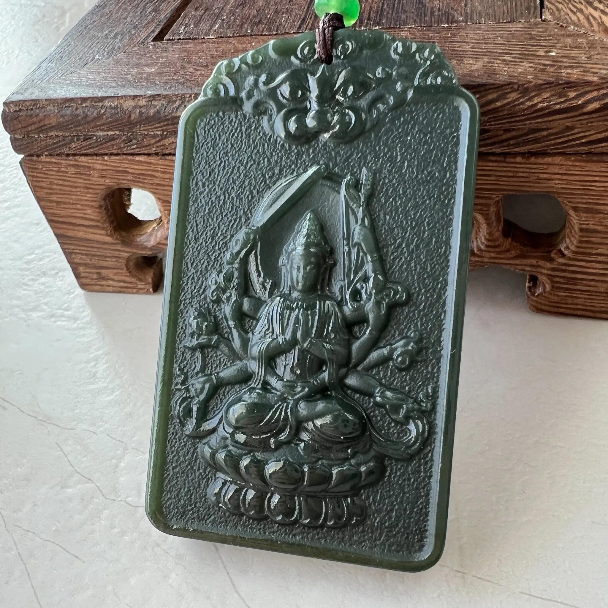 Dark Green Nephrite Jade Thousand Hand Guan Yin Necklace, Quan Am, 观音, Rat Zodiac Hand Carved Pendant, Female Buddha, RM-1221-1649436719