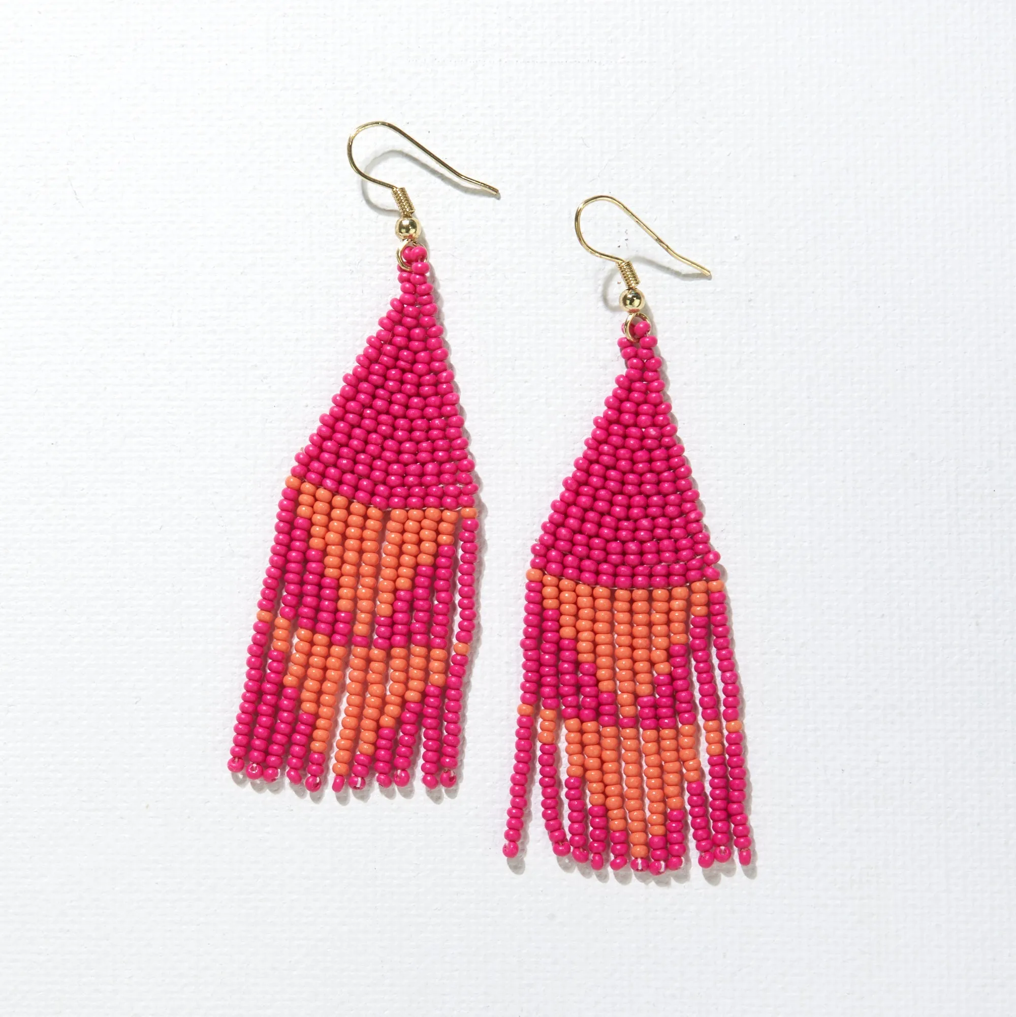 Double Triangles Beaded Fringe Earrings Pink & Orange