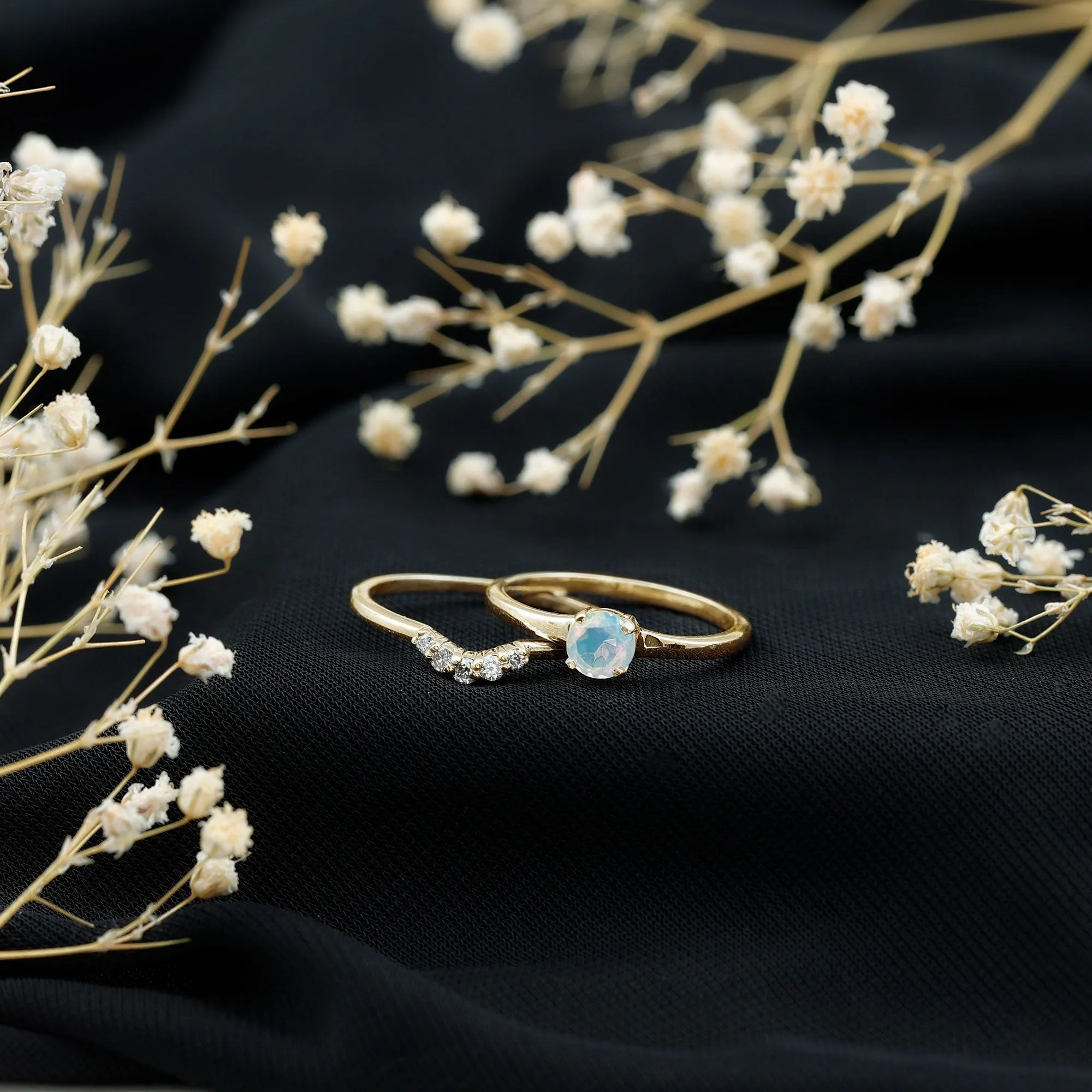 Ethiopian Opal and Diamond Minimal Wedding Ring Set