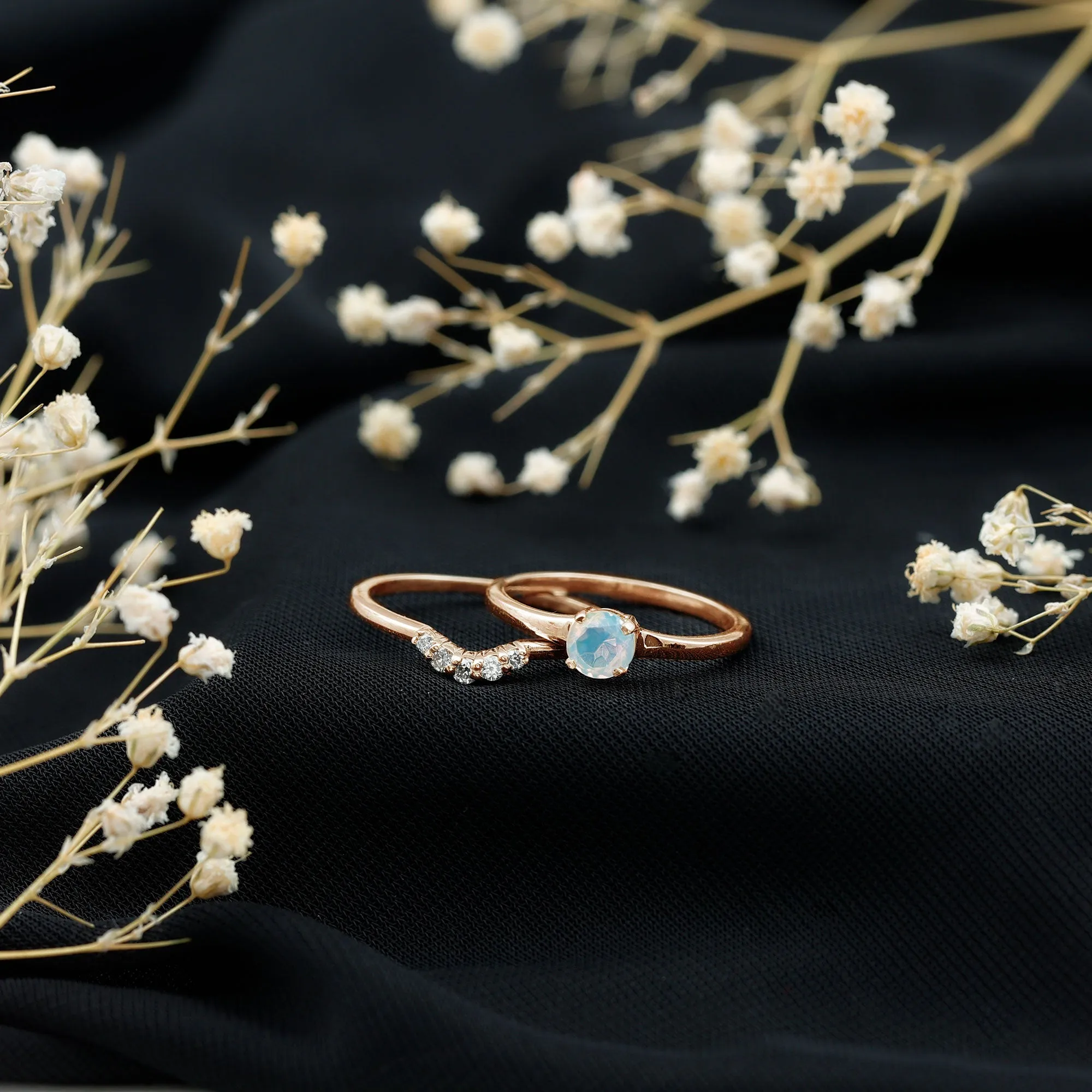 Ethiopian Opal and Diamond Minimal Wedding Ring Set