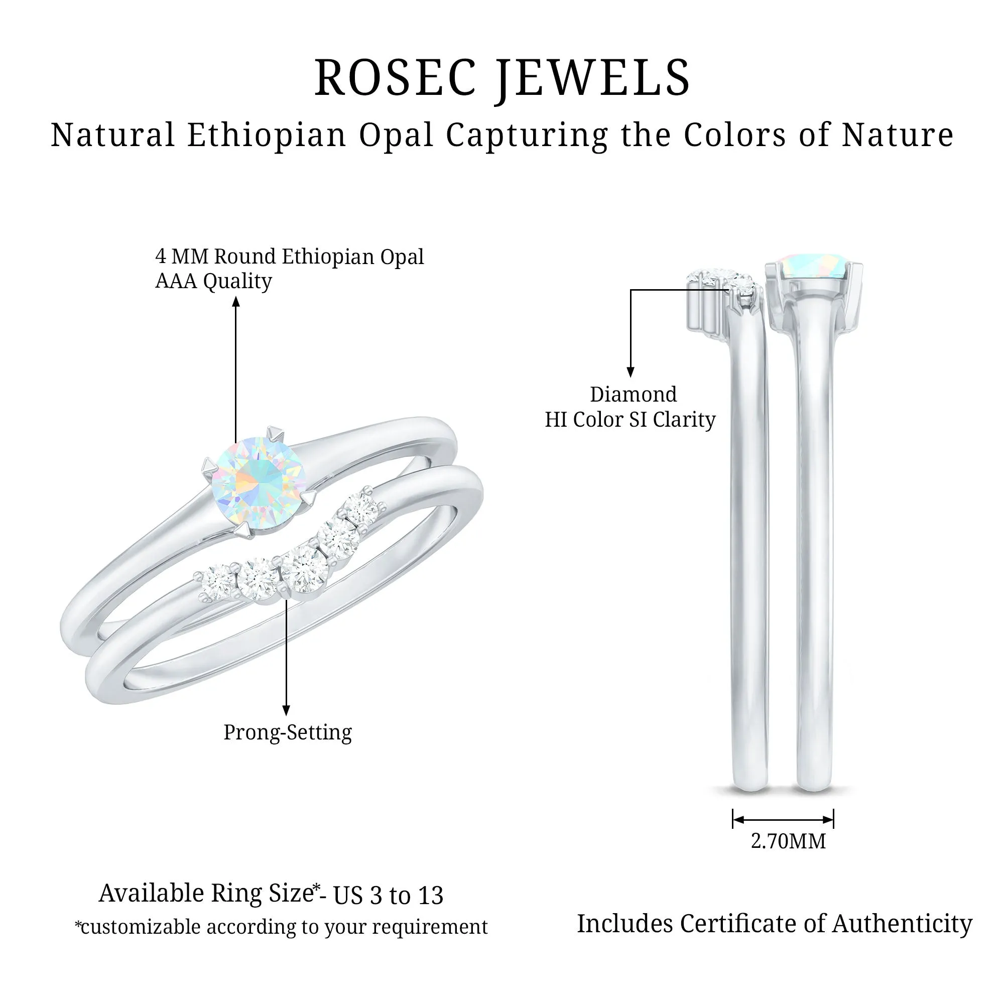 Ethiopian Opal and Diamond Minimal Wedding Ring Set