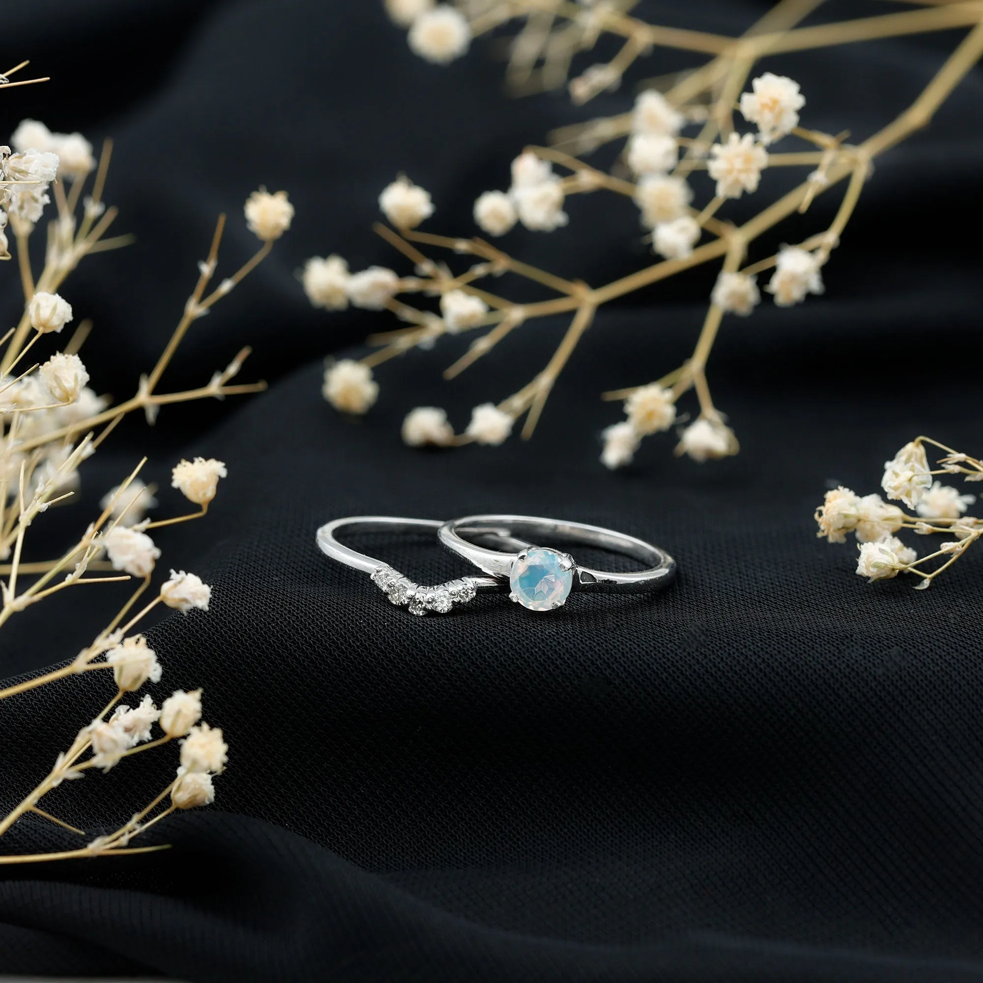 Ethiopian Opal and Diamond Minimal Wedding Ring Set