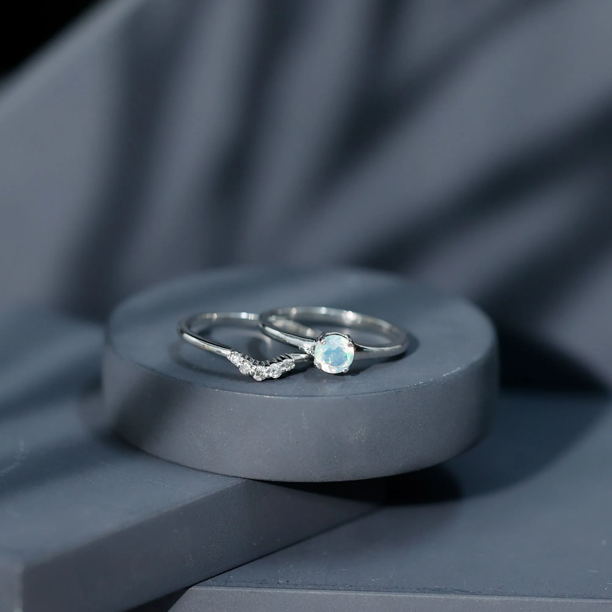 Ethiopian Opal and Diamond Minimal Wedding Ring Set