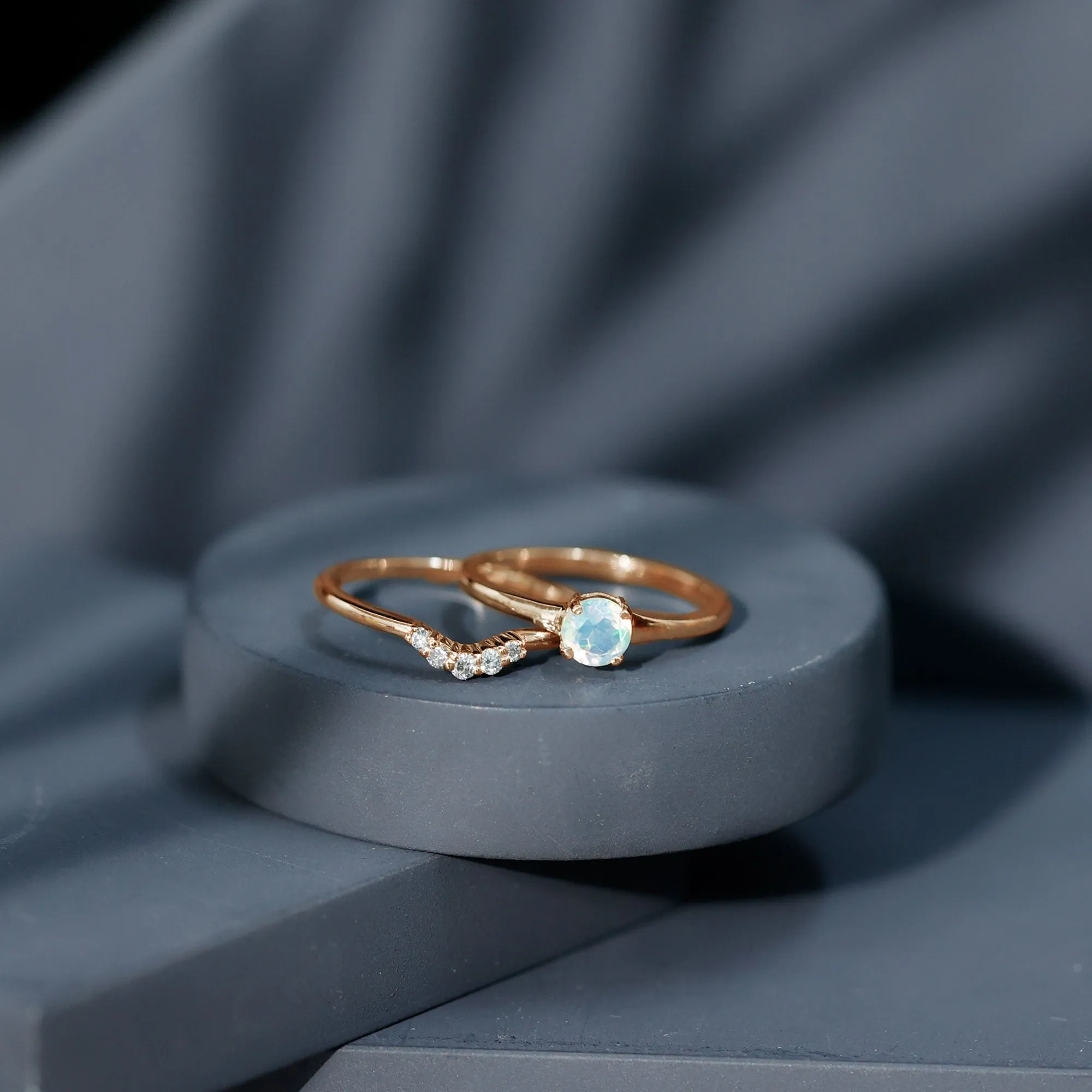 Ethiopian Opal and Diamond Minimal Wedding Ring Set